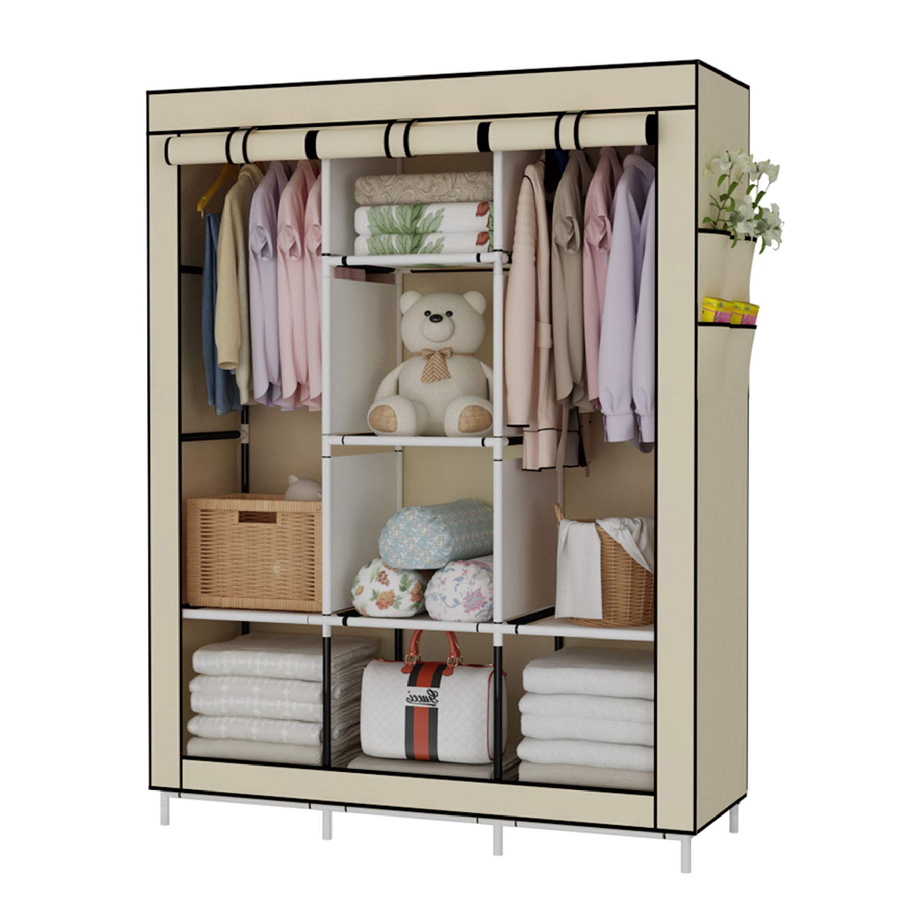 UDEAR Portable Wardrobe Closet - 6-Shelf Clothes Organizer with 2 Hanging Sections & 4 Side Pockets, Non-Woven Fabric Storage Cabinet for Bedroom, Dorm, Travel | Beige | Space-Saving Closet Solution for Small Spaces & Temporary Housing