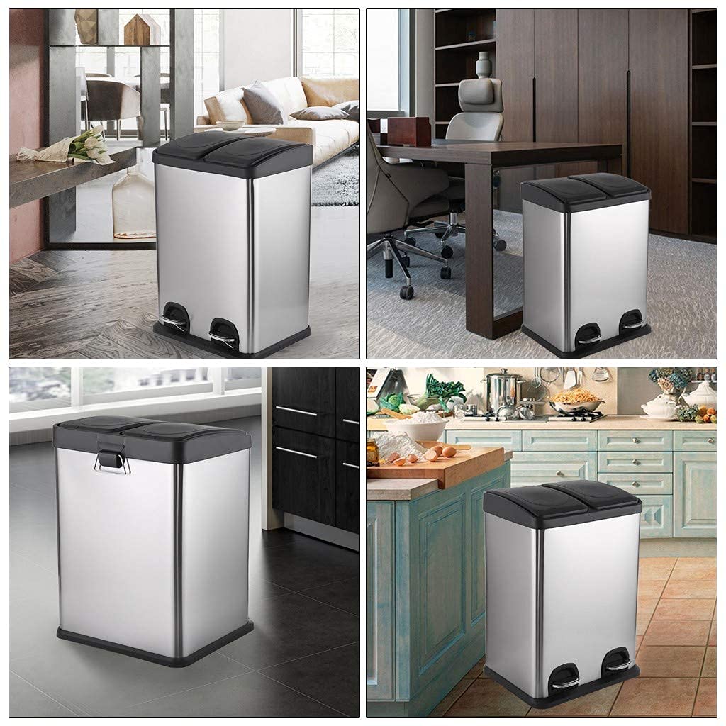 30L Stainless Steel Dual Compartment Step Trash Can with Pedal - Rectangular Kitchen Recycling Bin for Waste Sorting | Perfect for Eco-Friendly Homes, Restaurants & Offices
