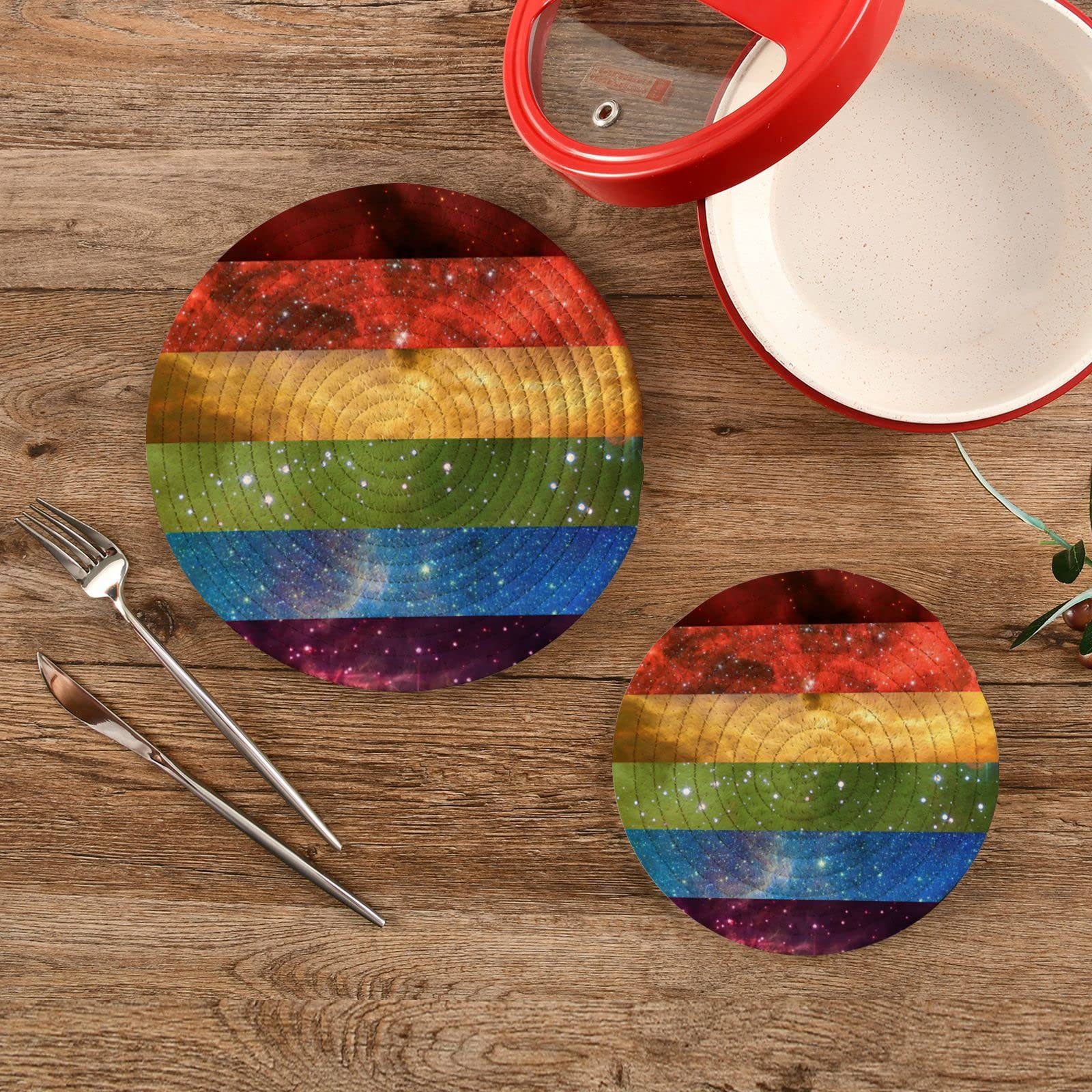 Gay Pride Pot Holders Set of 2 - Heat Resistant Cotton Round Trivets for Kitchen, Hot Pads for Hot Dishes, Teapots, and Baking Essentials - Perfect for LGBTQ+ Pride Celebrations and Everyday Cooking
