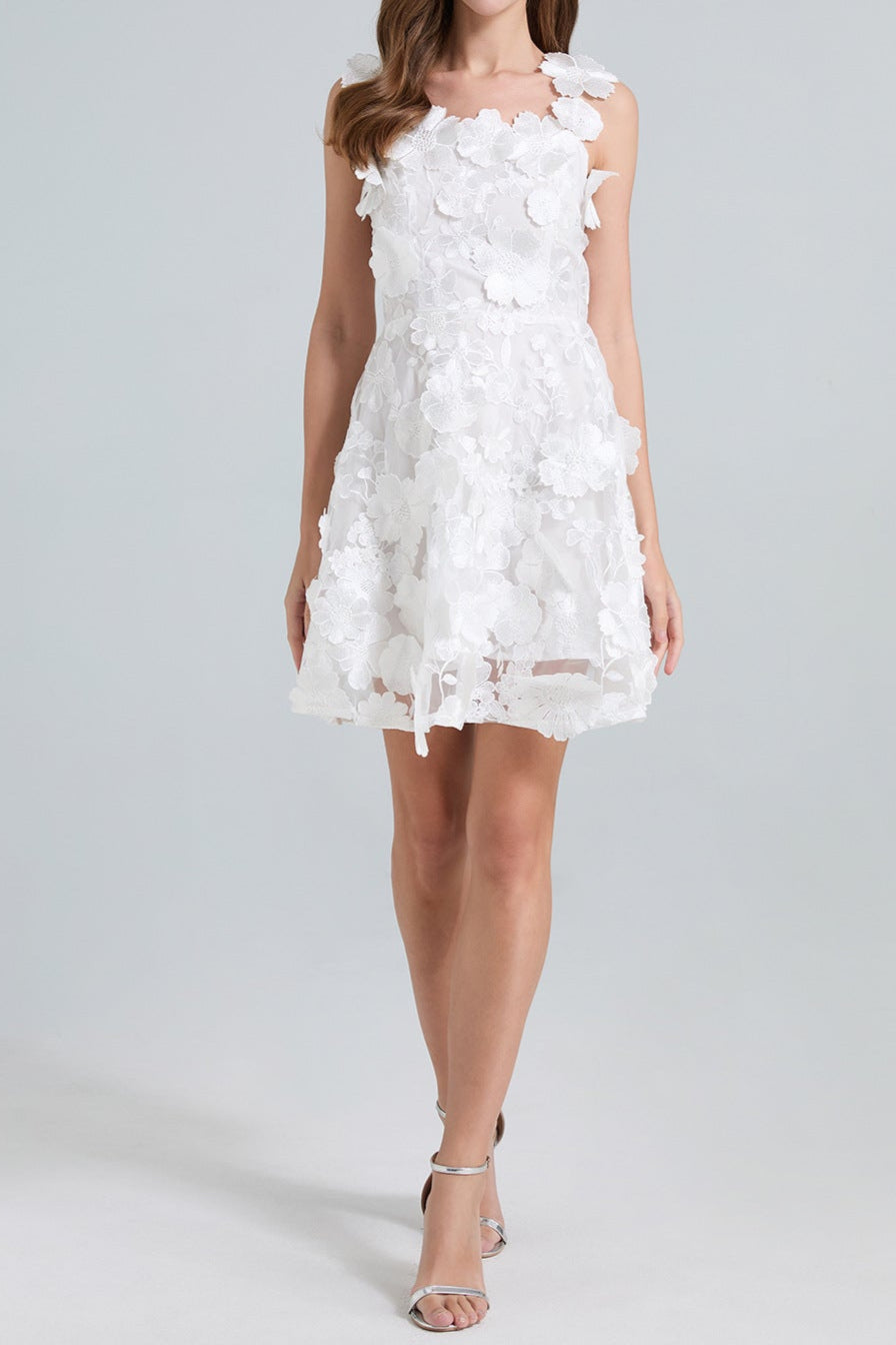 Georgia 3D Floral Lace Mini Dress in White - Elegant Summer Party Cocktail Dress for Weddings & Date Nights