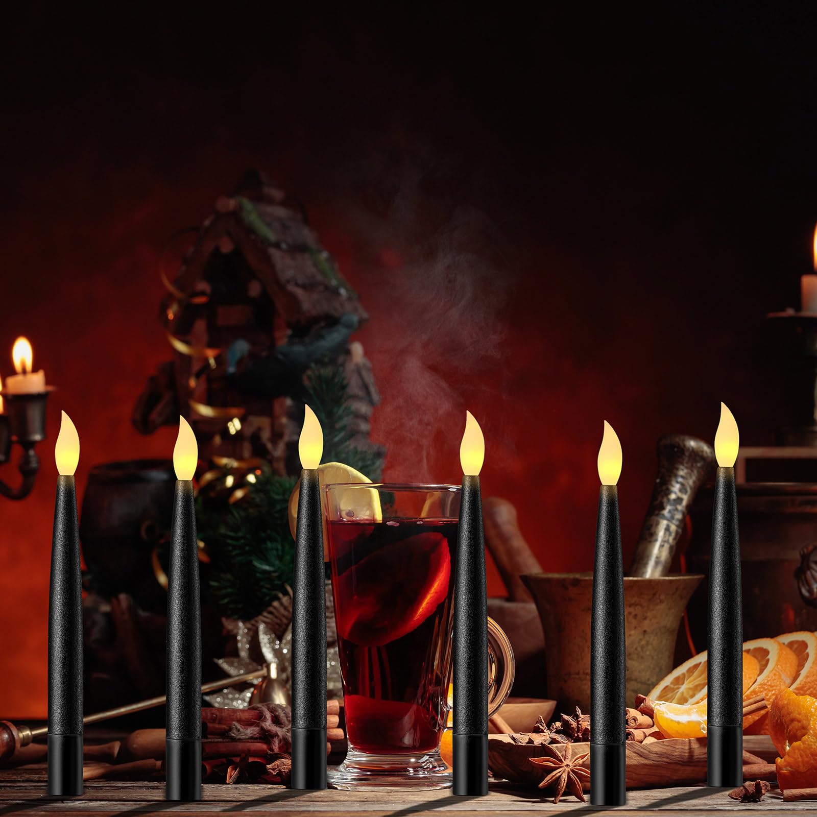 24 Pack Flameless LED Hanging Candles - Battery Operated Halloween Decor with Warm White Light (6.3 Inch Black Taper Candles) Perfect for Spooky Party, Haunted House, and Magical Floating Candle Displays