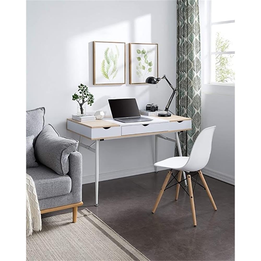 JJS Home Modern Computer Desk with Drawers - Sturdy Split Top Writing Desk, Spacious Workstation for Home Office, Bedroom or Study - Easy Assembly Contemporary White Desk for Work & Study