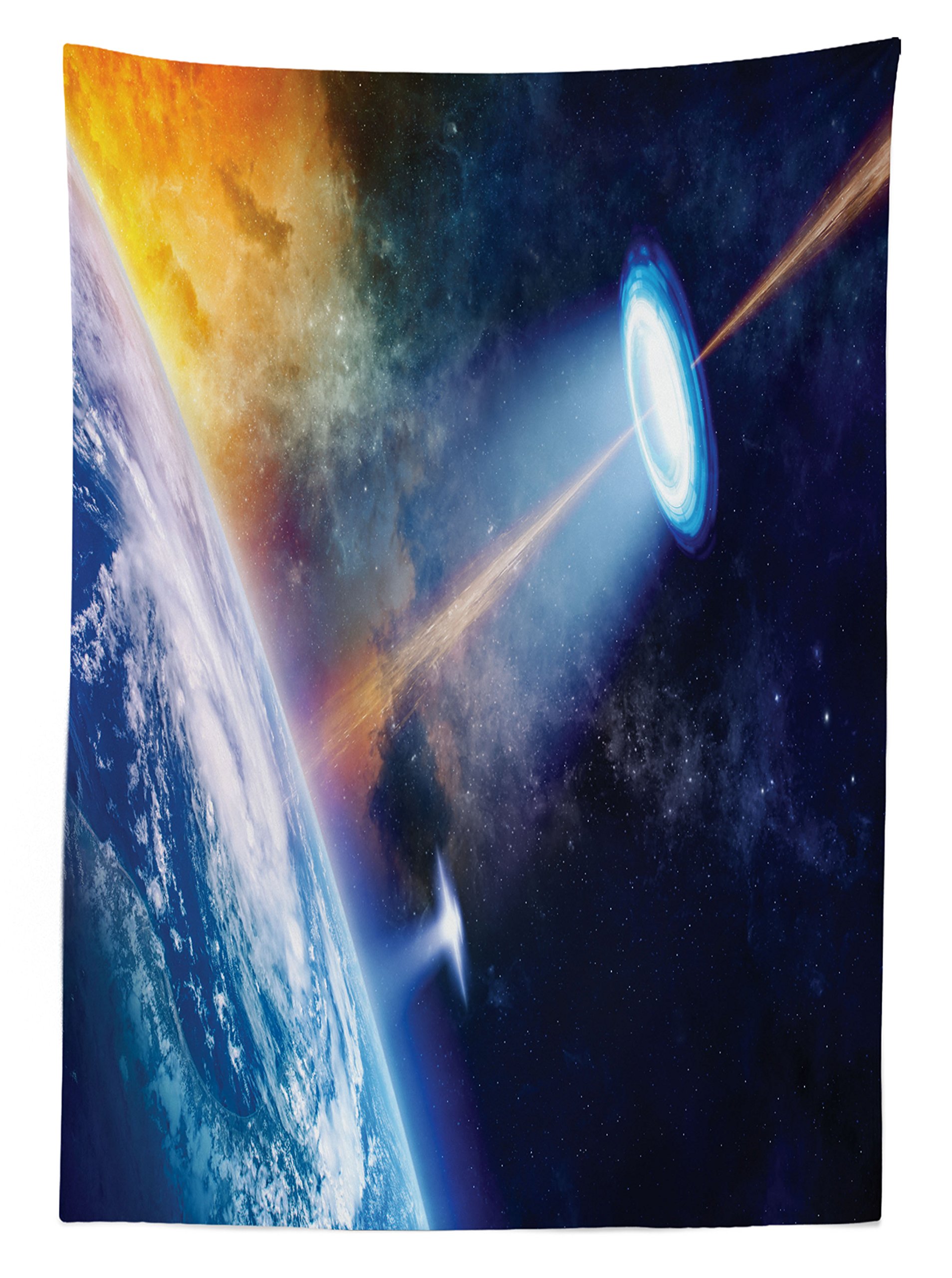 Ambesonne Outer Space UFO Tablecloth - Vibrant Sci-Fi Design, Washable & Durable Picnic Table Cover (58x120 Inches) - Perfect for Outdoor Dining, BBQs, and Themed Parties - Blue & Orange