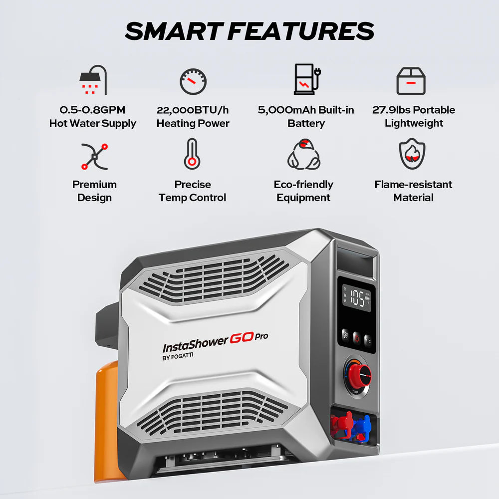Fogatti InstaShower Go Pro Portable Water Heater with Water Pump - 22,000 BTU Propane Camping Shower for Outdoor Adventures, RV Trips & Emergency Use
