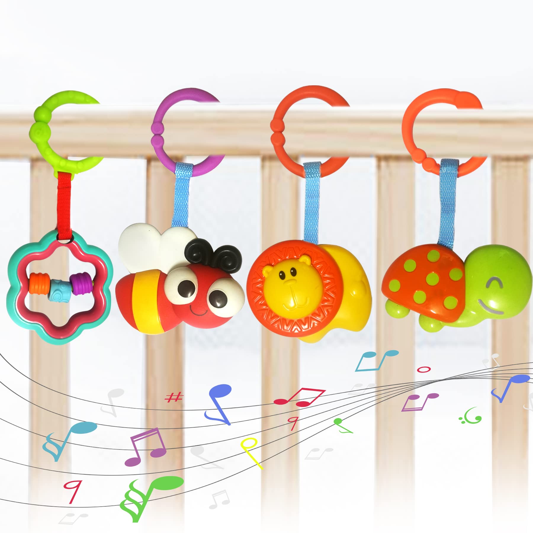 Cartoon Animal Hanging Rattle Toys for Babies - 4 Pack Handbells & Baby Rattles for Crib, Car Seat, Stroller - Perfect Newborn Gift for Birthdays & Travel | Stimulate Sensory Development & Playtime Fun