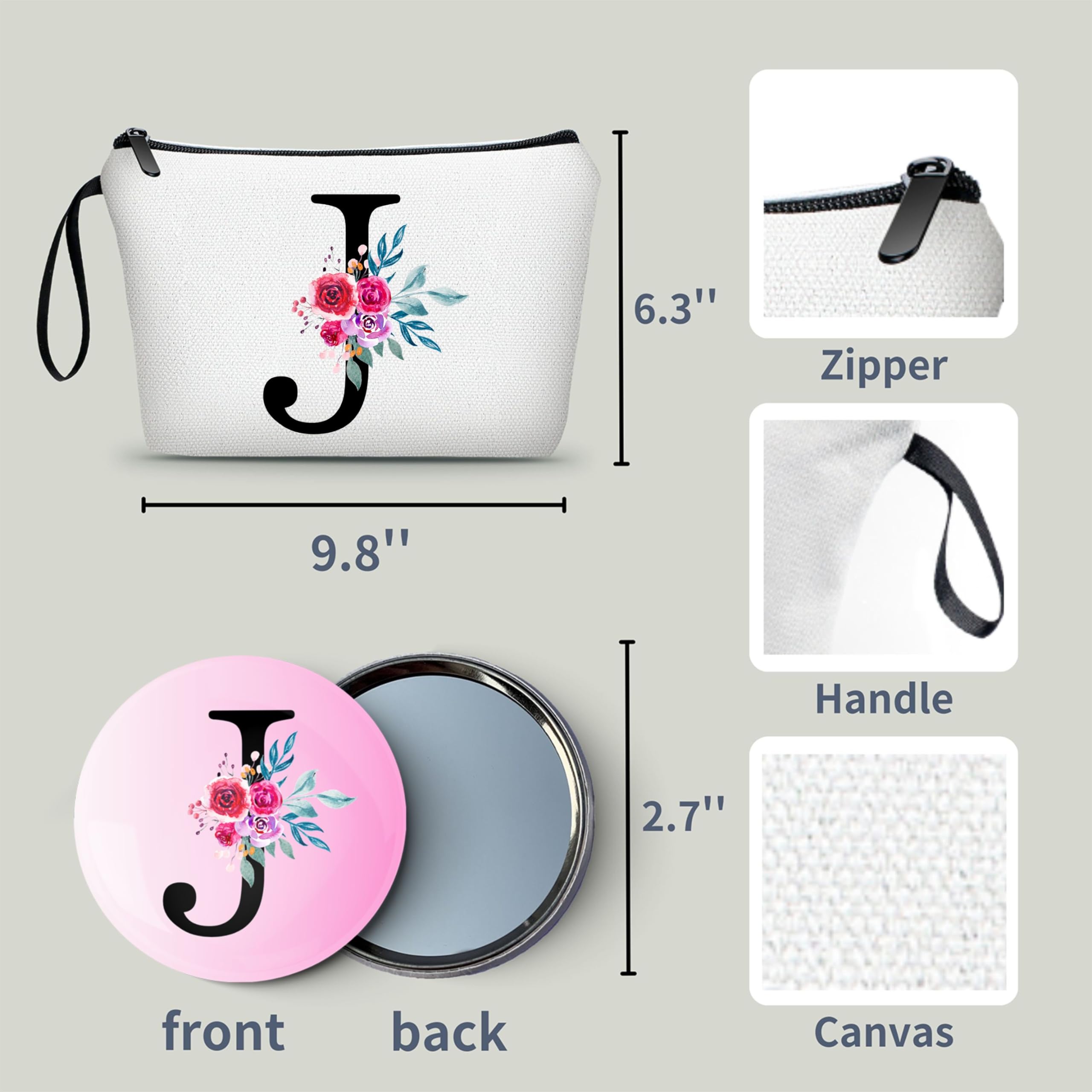 Personalized Initial Makeup Bag with Mirror - Unique Birthday Gifts for Women, Mom & Daughter - Cosmetic Organizer for Teens & Adults - Perfect for Travel, Daily Makeup Storage & Special Occasion Gifts (J)