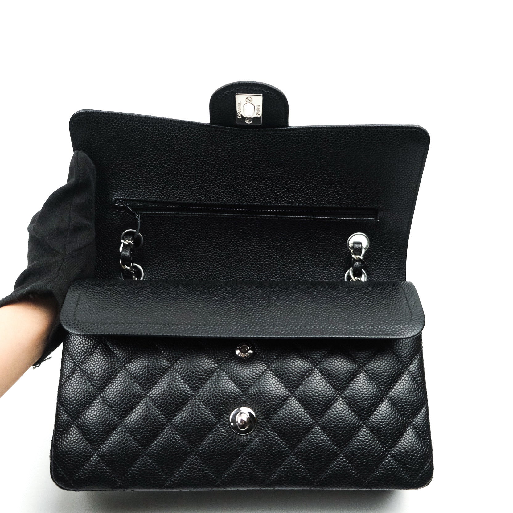 Chanel Classic M/L Medium Double Flap Bag Black Caviar Leather with Silver Hardware - Luxury Designer Handbag for Women, Perfect for Work, Evening Events & Special Occasions