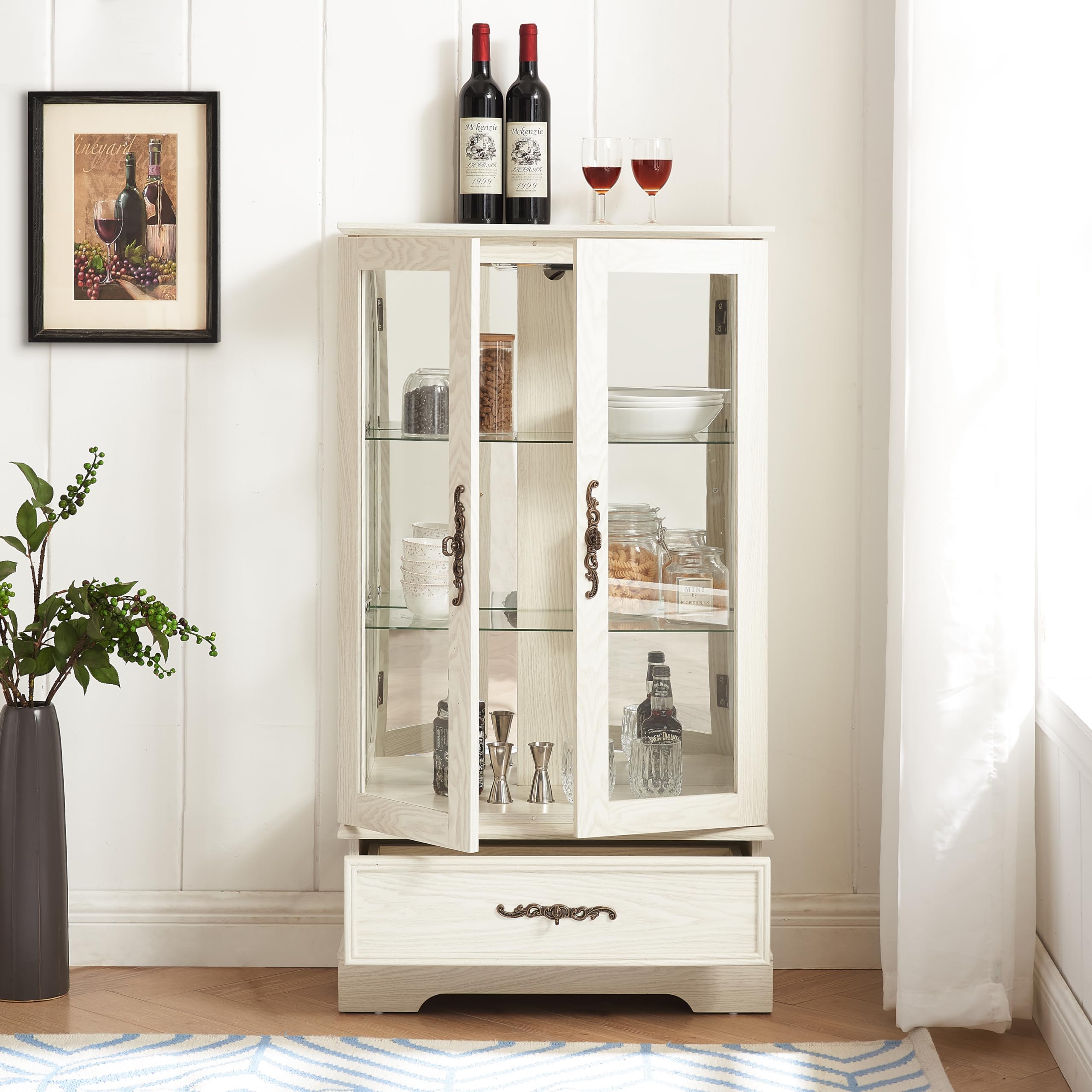 Dolonm White 3-Tier Glass Curio Cabinet with LED Lights & Storage Drawer - Adjustable Shelves Display Cabinet for Living Room, Kitchen, Dining Room - Perfect for Showcasing Collectibles, China, or Home Decor