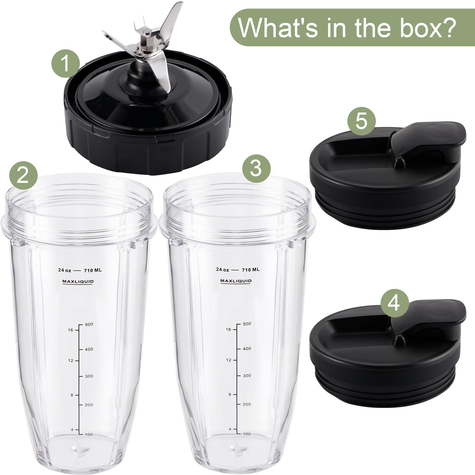 5-Piece Ninja Blender Replacement Set - 24oz Cups with Leakproof Lids & 7-Fin Extractor Blade - Compatible with Nutri Ninja Auto iQ BL2012 BN801 BL480 BL682 BL642 - Perfect for Smoothies, Protein Shakes & Meal Prep On-The-Go
