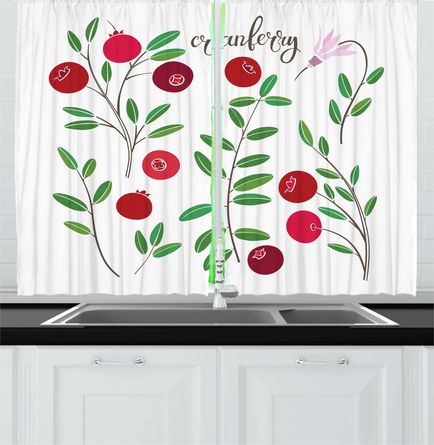 Ambesonne Cranberry Long Kitchen Curtains - Meadow Branches Fruit Harvest Print Drapes, 55