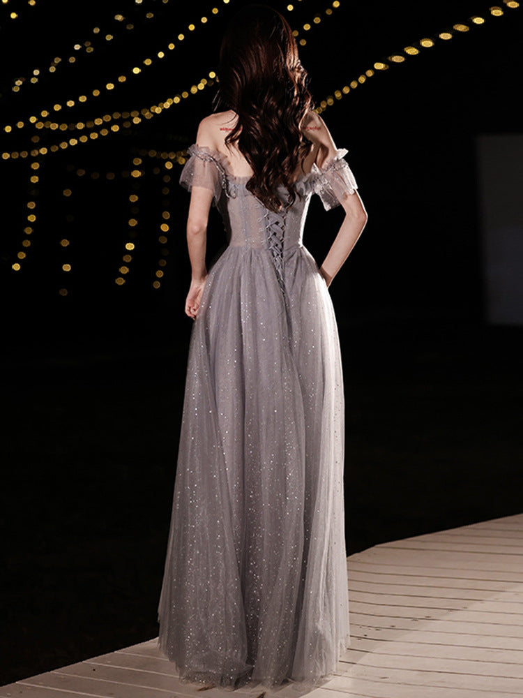 Elegant Off Shoulder A-Line Tulle Prom Dress - Shiny Gray Formal Evening Gown for Homecoming, Quinceañera & Special Occasions