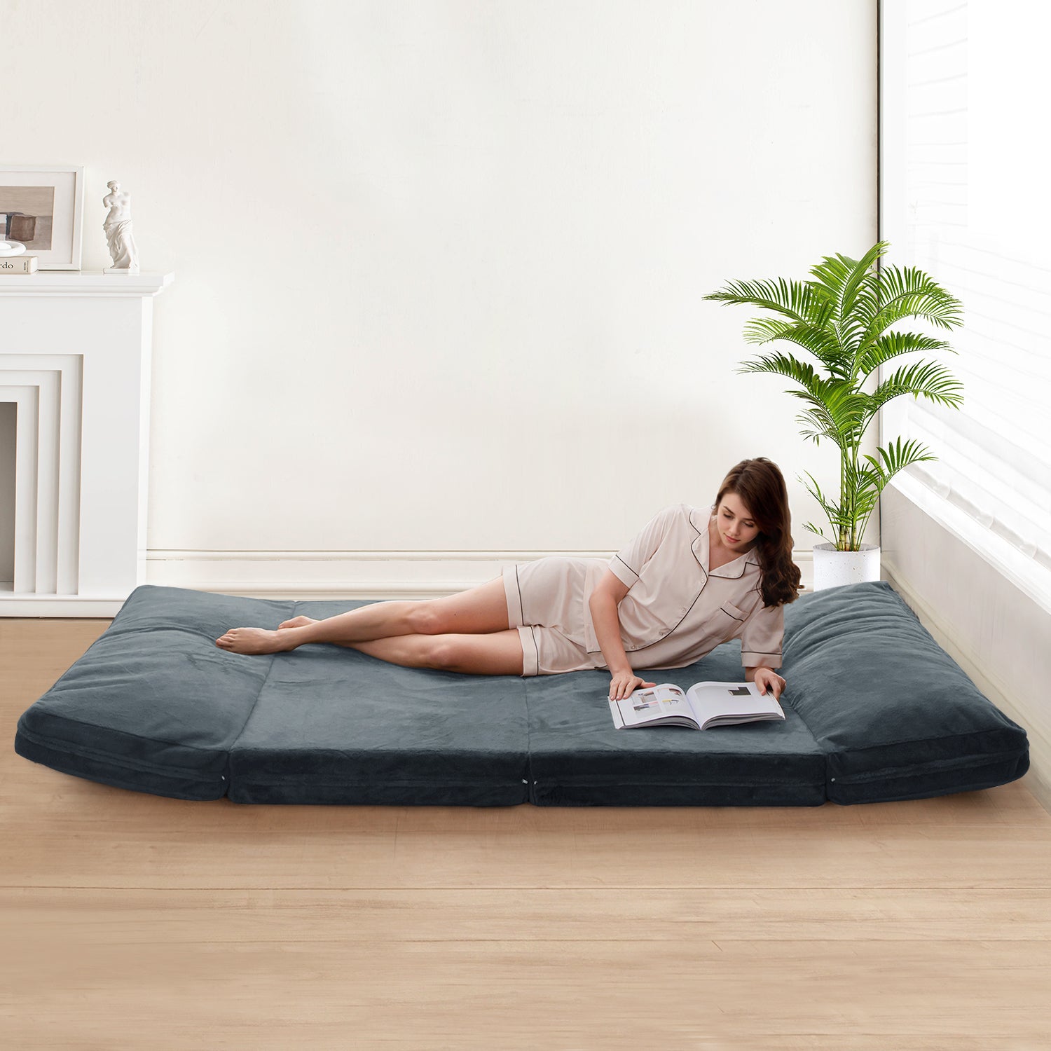 MAXYOYO Foldable Bean Bag Sofa Bed - Extra Thick Multi-Functional Floor Lounger with Washable Faux Fur Cover in Dusty Blue | Perfect for Living Rooms, Dorms, Game Rooms & Relaxation Spaces