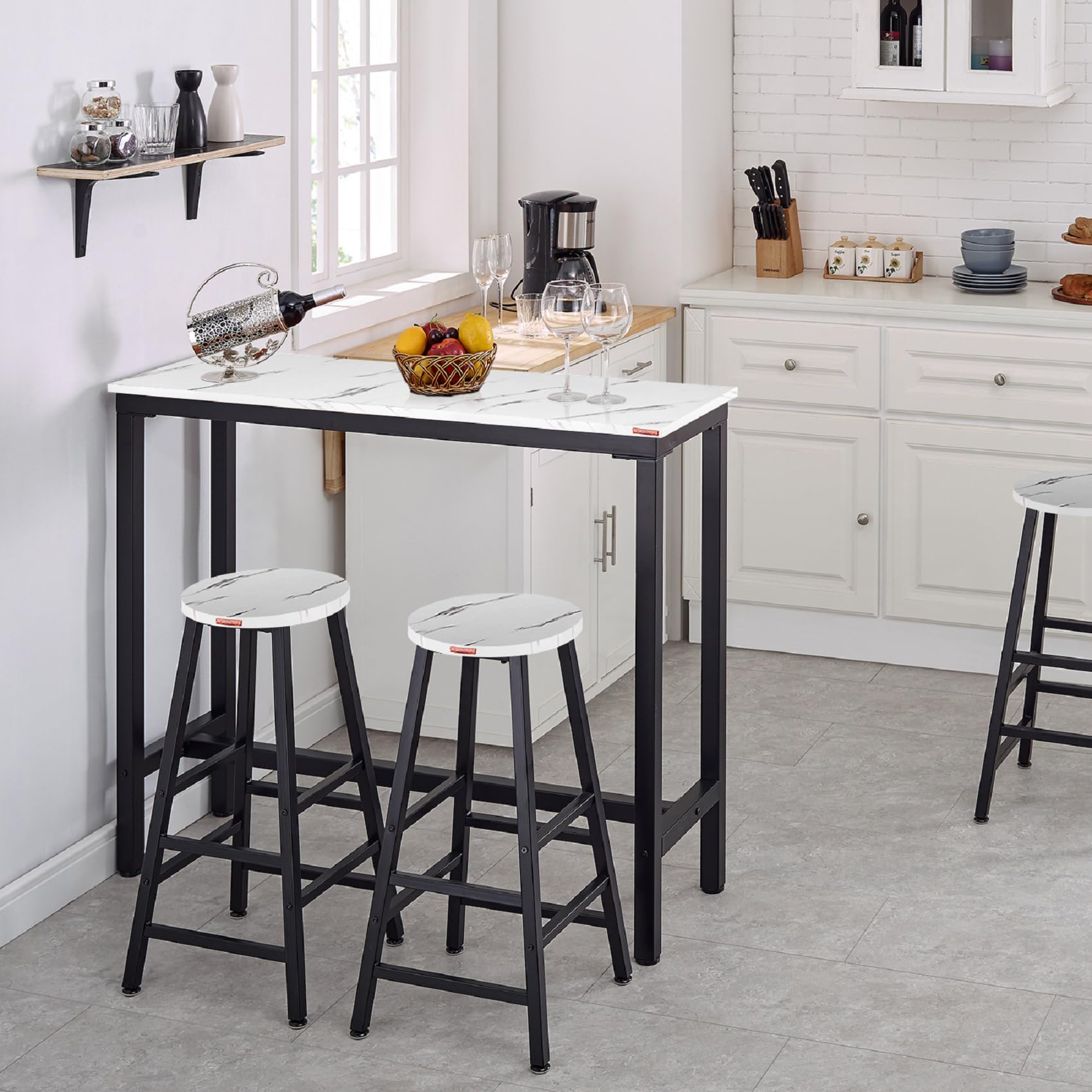 Ironstone 47-Inch White Pub Table - MDF Laminate Marble Top Bar Height Dining Table for Kitchen, Coffee, Writing & Computer Use - Perfect for Small Spaces, Apartments & Indoor Dining Areas