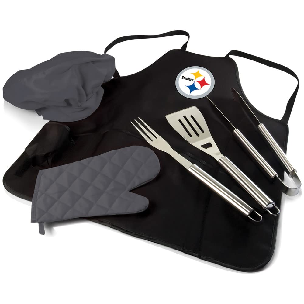 Picnic TIME BBQ Apron Tote Pro Grill Set - Black with Gray Accents | Premium Outdoor Cooking Accessories for Grilling, Camping & Backyard Parties