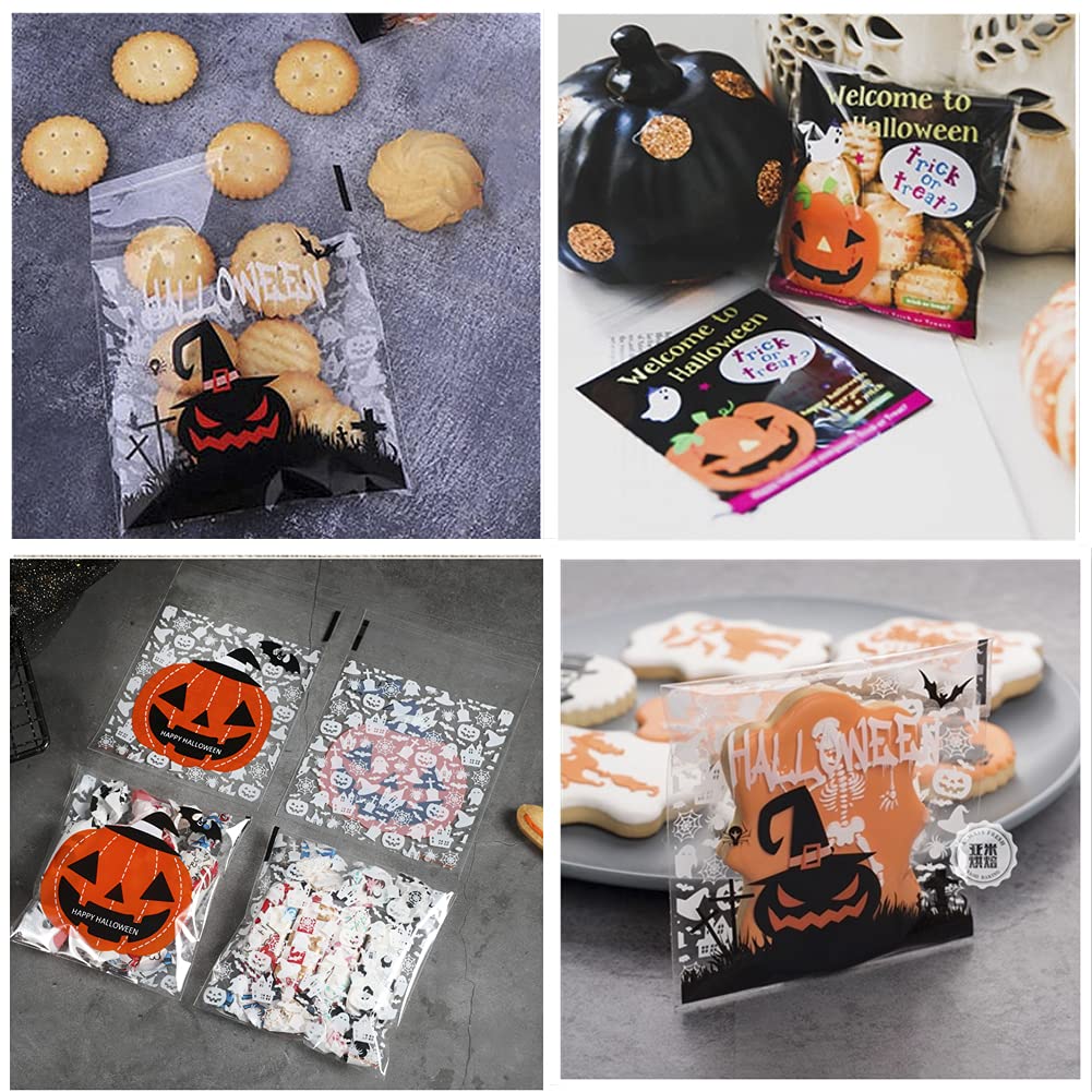 400 Pcs Halloween Candy Bags - Self Adhesive Trick or Treat Cookie Bags for Party Favors, Halloween Party Supplies, 12 oz Cellophane Goodie Bags (8 Styles) - Perfect for Halloween Parties, School Events & Trick-or-Treating
