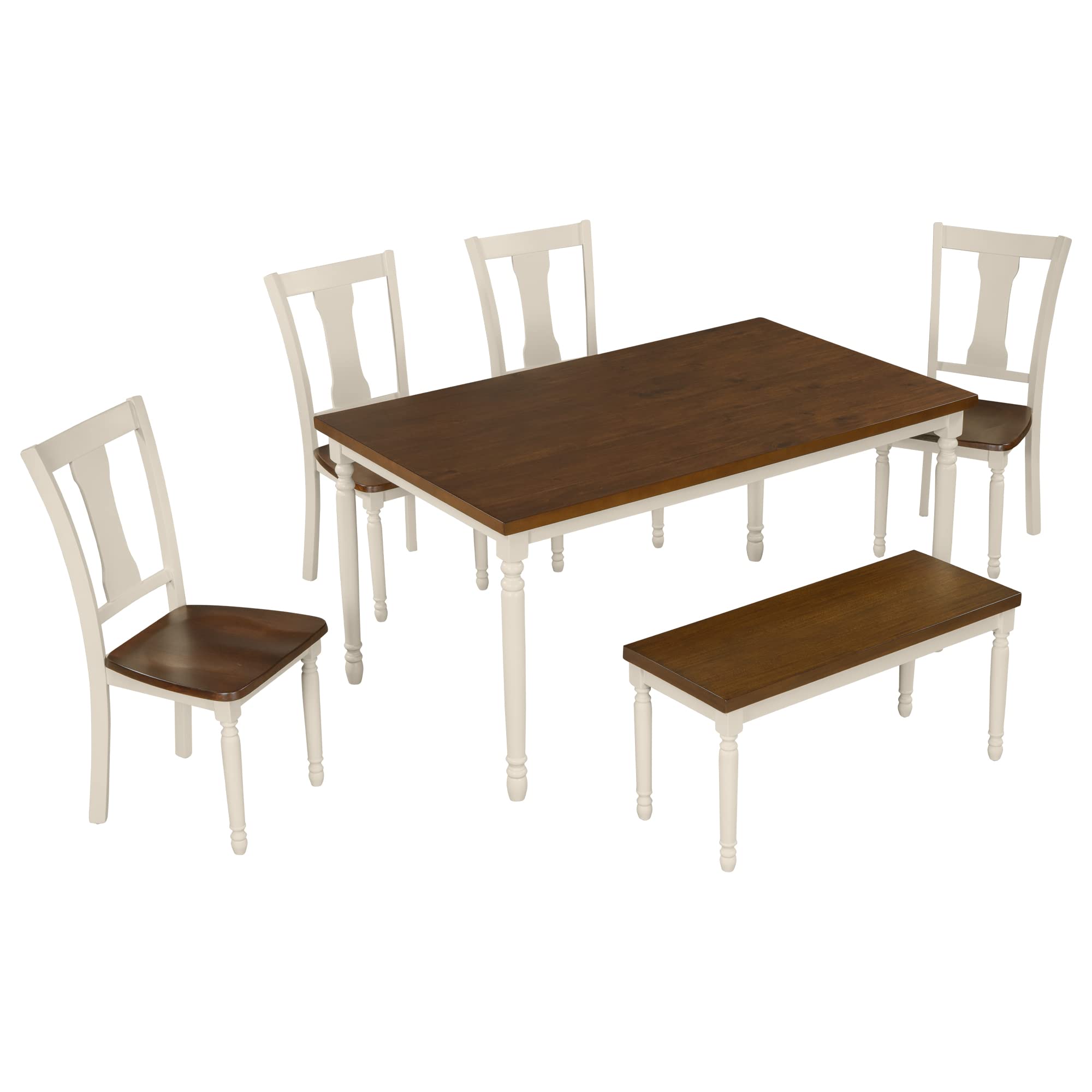 Merax 6-Piece Classic Wooden Dining Table Set with 4 Chairs and Bench - Brown & Cottage White - Perfect for Kitchen, Dining Room, Family Gatherings, and Small Spaces