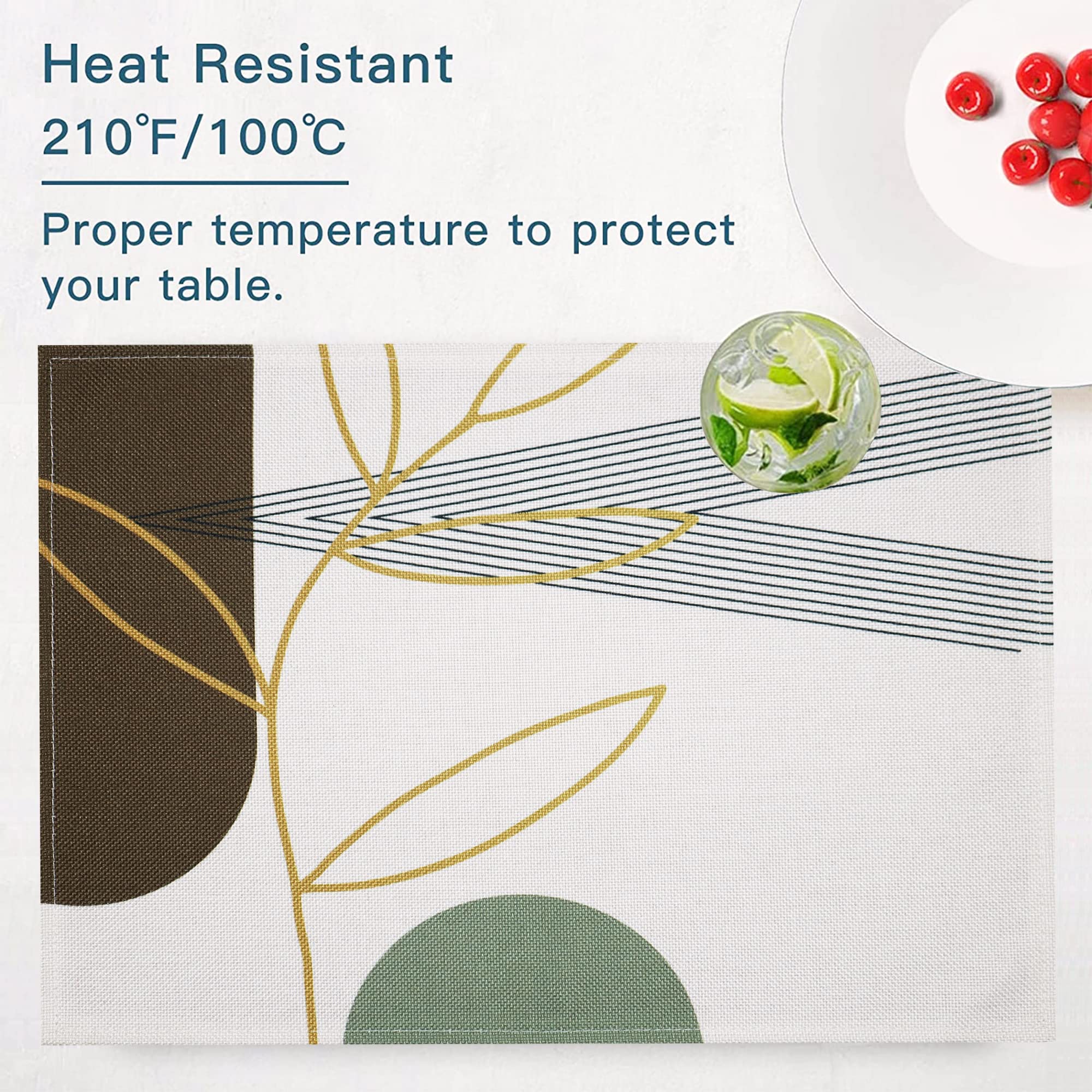 Mid Century Modern Linen Table Placemats Set of 8 - Heat Resistant & Machine Washable Kitchen Dining Mats (18x12 Inch) - Neutral Wipeable Fabric for Dinner Parties, Family Meals & Everyday Use