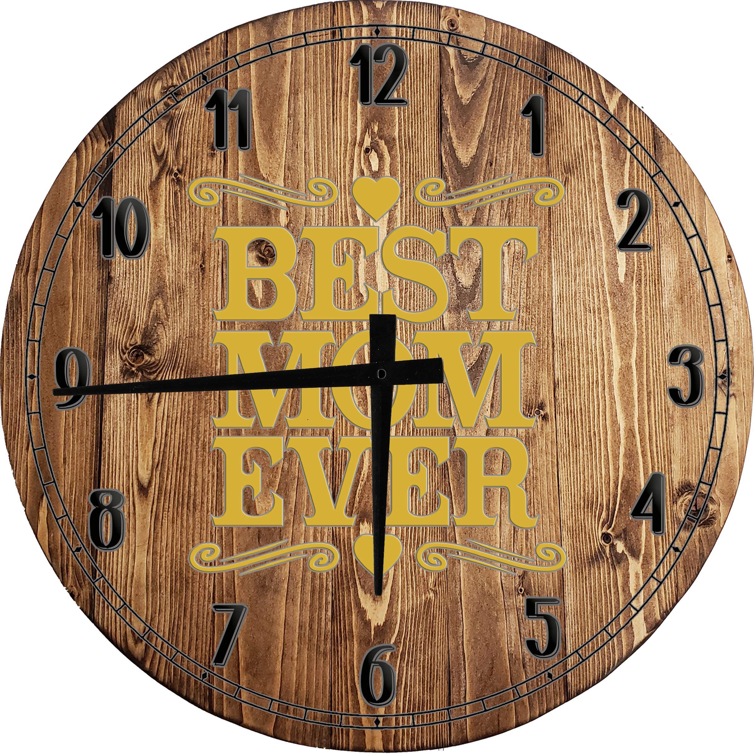 Best Mom Ever 24 Inch Large Round Wall Clock - Mother's Day Gift, Mom Life Decor, Heart Love Family Theme, Battery Operated Brown Wall Art for Living Room, Bedroom, or Kitchen