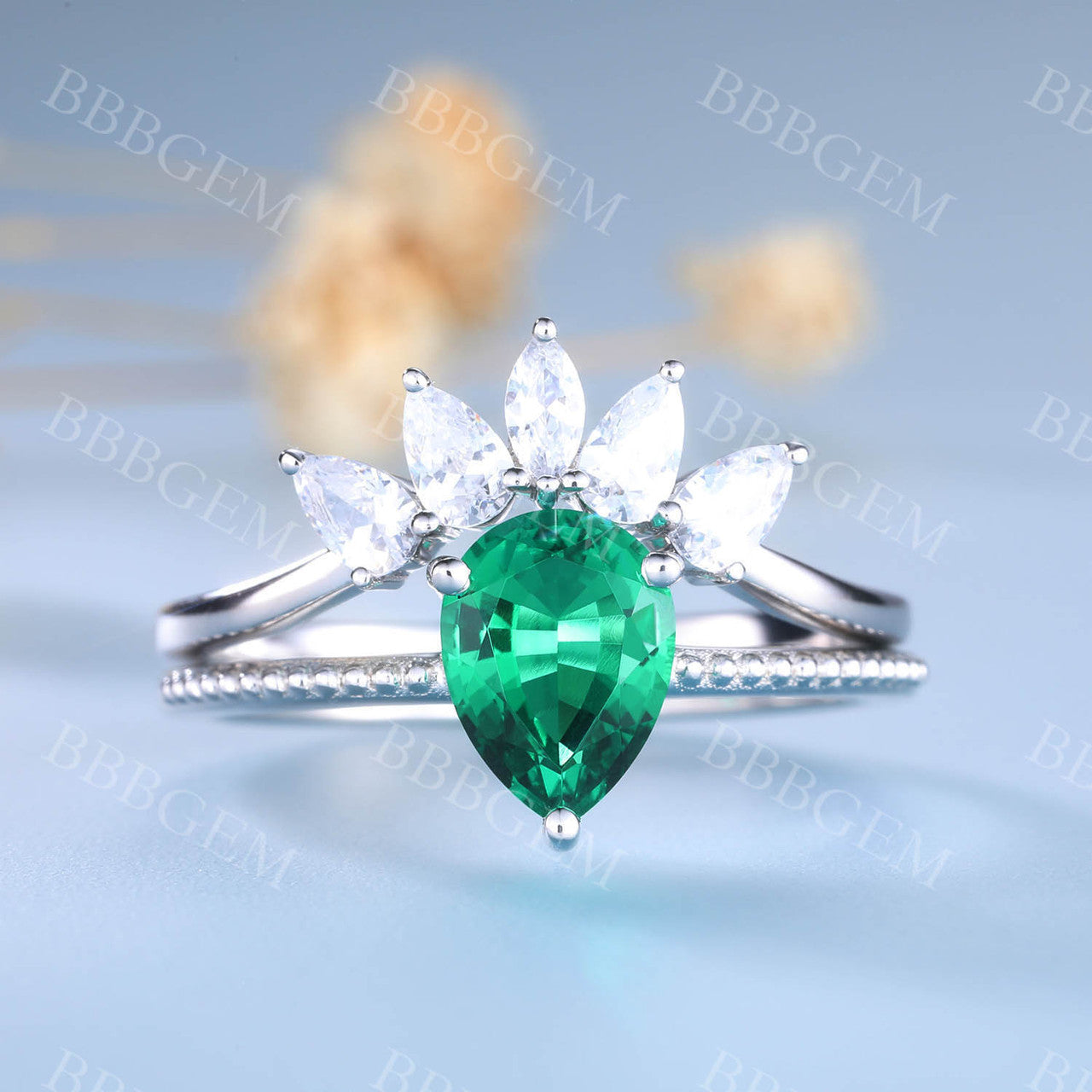 Pear Emerald Marquise Cut Cluster Ring - Handmade Stackable Band Jewelry for Women - Perfect for Weddings, Anniversaries & Everyday Elegance