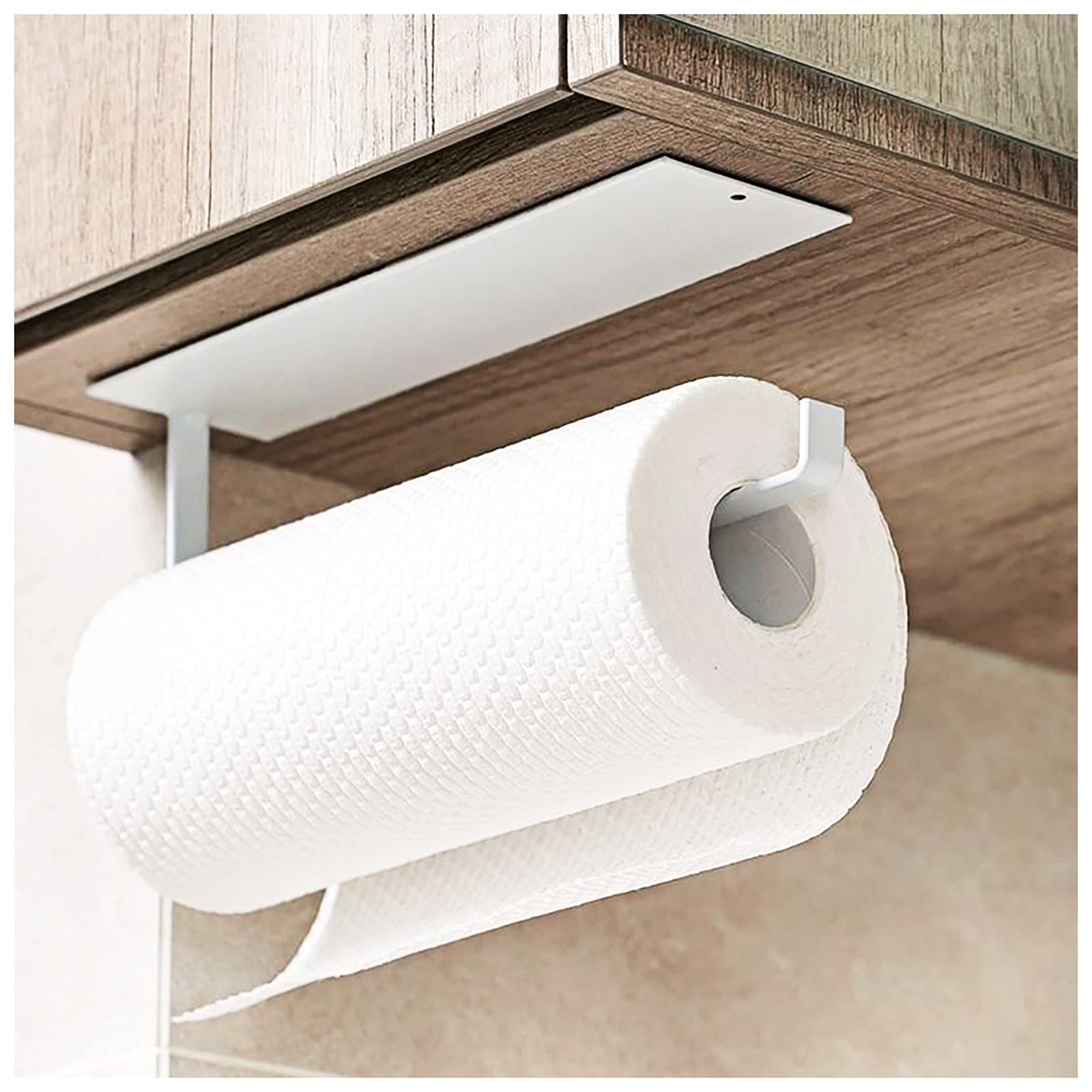 JIELAIMI Under Cabinet Paper Towel Holder - Self Adhesive Wall Mounted Kitchen & Bathroom Roll Holder - Space Saving Towel Rack for Refrigerator, Sink, Toilet - Perfect for Small Spaces (White/Black)