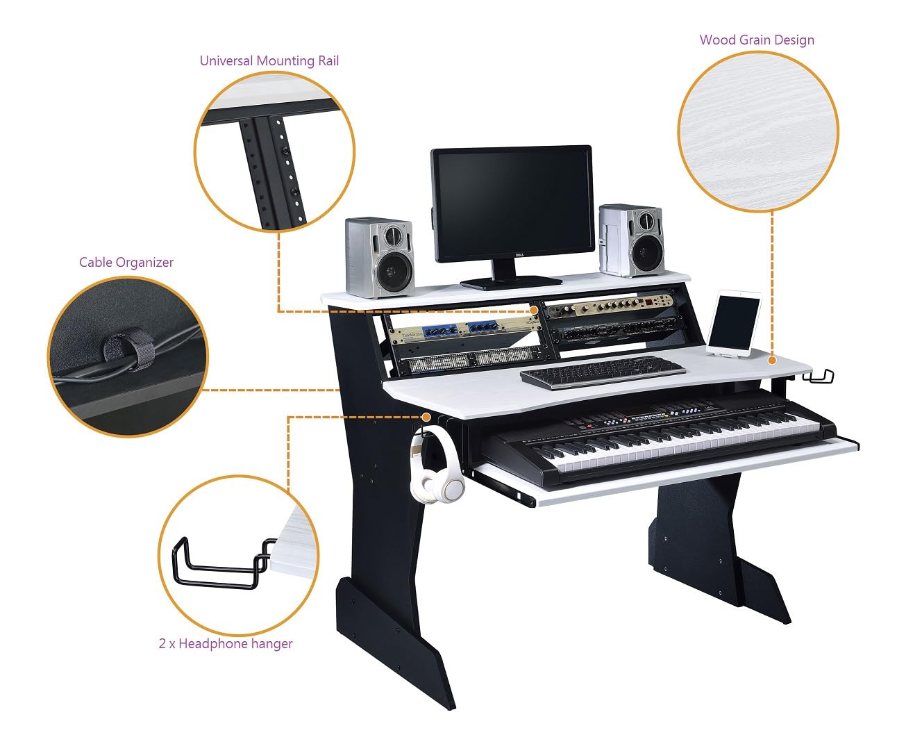 BE200 Series Professional Music Studio Desk Workstation with 2 x 4U Rack Space - White | Perfect for Home Recording, DJ Setup & Music Production