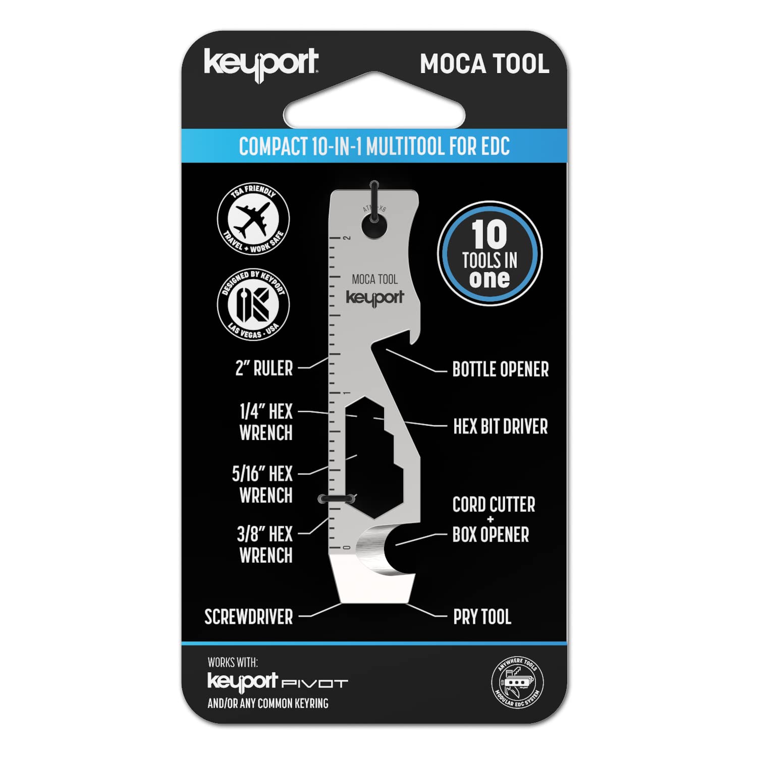 Keyport MOCA 10-in-1 Stainless Steel Keychain Multitool - EDC Gear with Pry Bar, Bottle Opener, Screwdriver, Box Cutter & Cord Cutter | TSA Approved Key Organizer | Perfect for Everyday Carry, Outdoor Adventures & Emergency Situations
