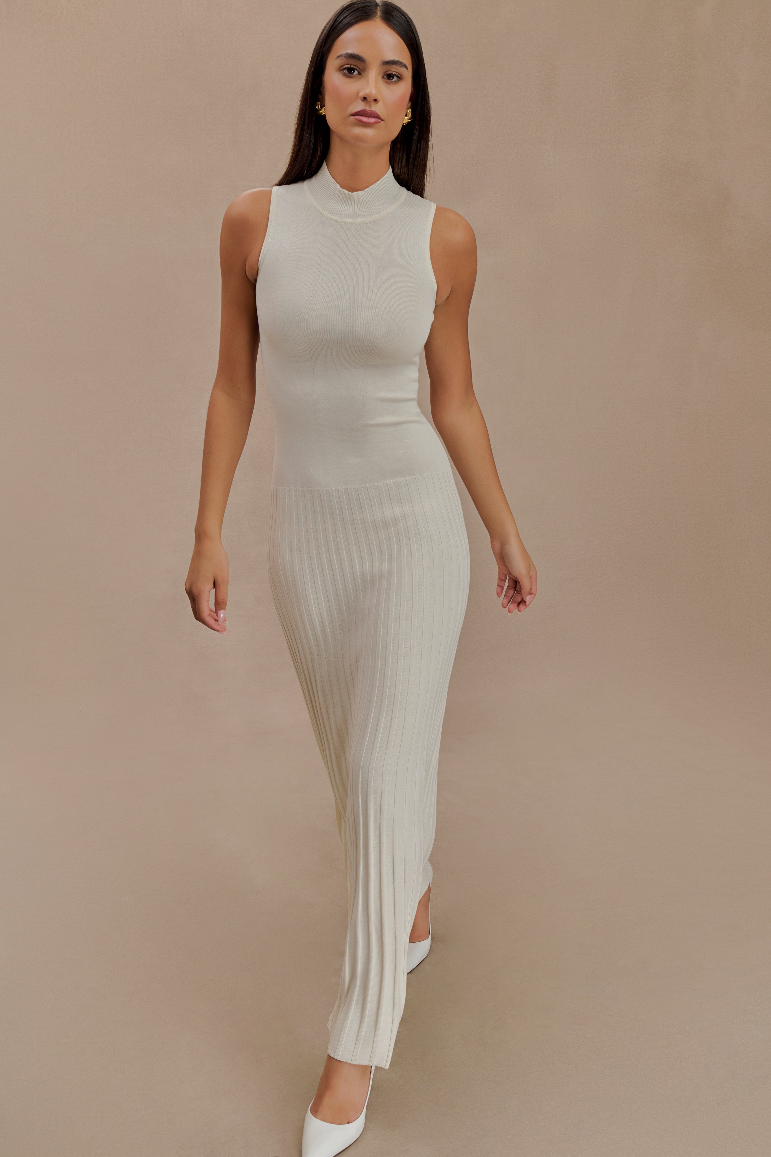 Elegant Mavis High Neck Pleated Maxi Dress in Ivory - Perfect for Weddings, Parties & Special Occasions