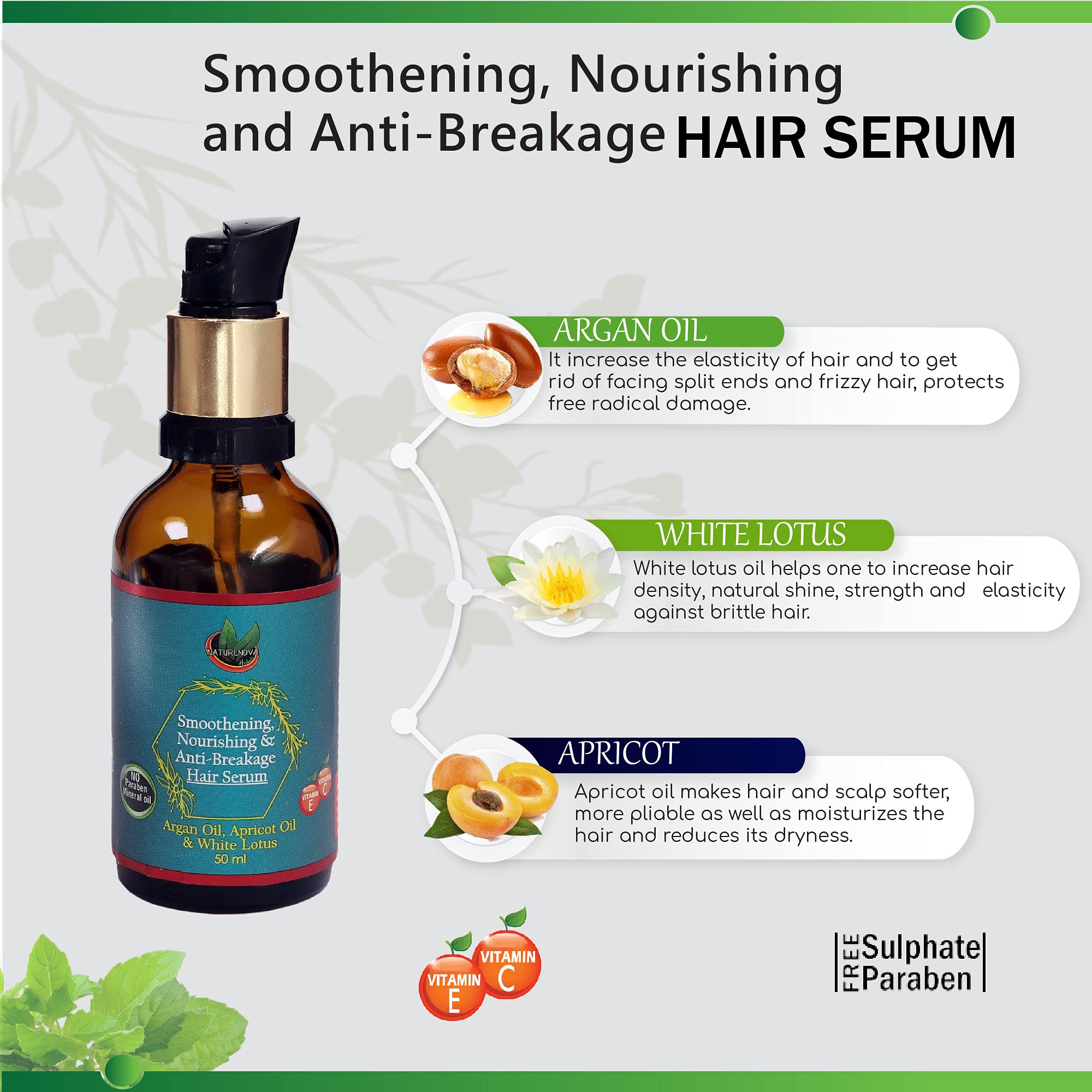 NATURENOVA HERBALS Smoothing Nourishing & Anti-Breakage Hair Serum - Moisturizes Hair, Reduces Dryness, UV & Free Radical Protection - Paraben & Mineral Oil Free (50ml) - Perfect for Damaged, Dry Hair & Heat Styling Protection