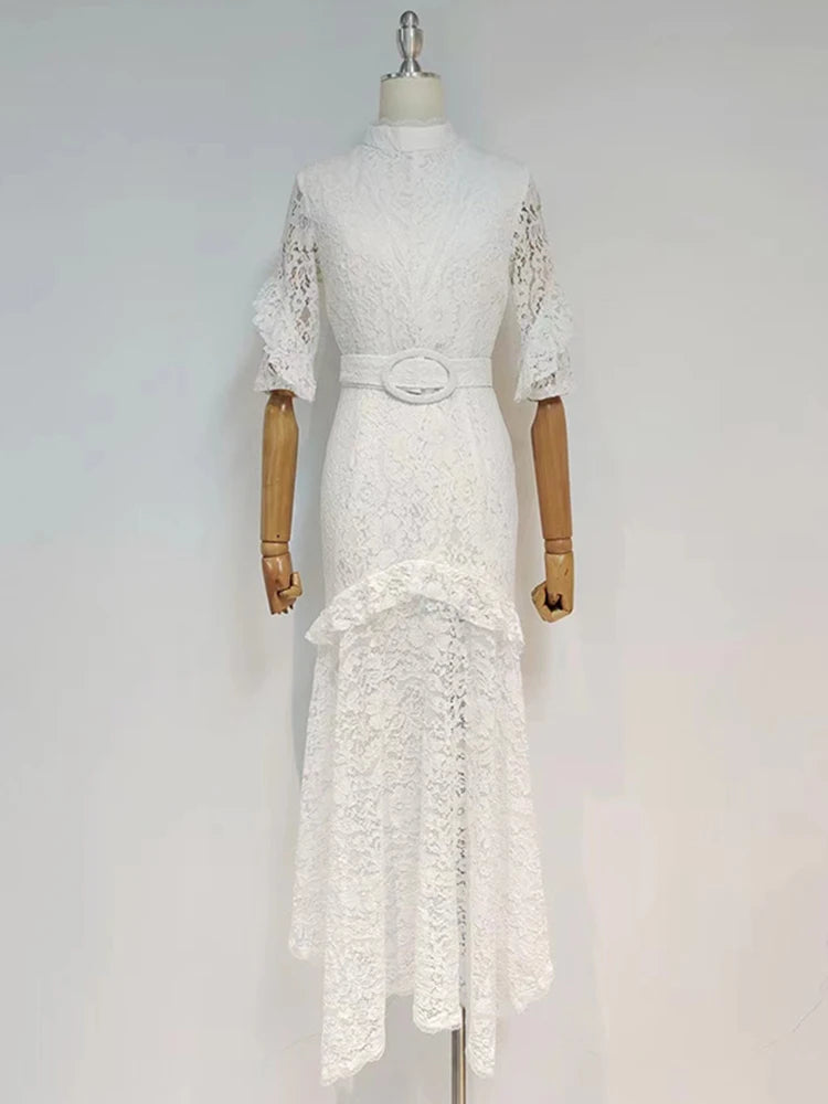 Elegant Black Lace Panel Sashes Slim Long Dress for Women - Turtleneck Half Sleeve High Waist Maxi Dress | Perfect for Autumn Weddings, Parties & Formal Occasions