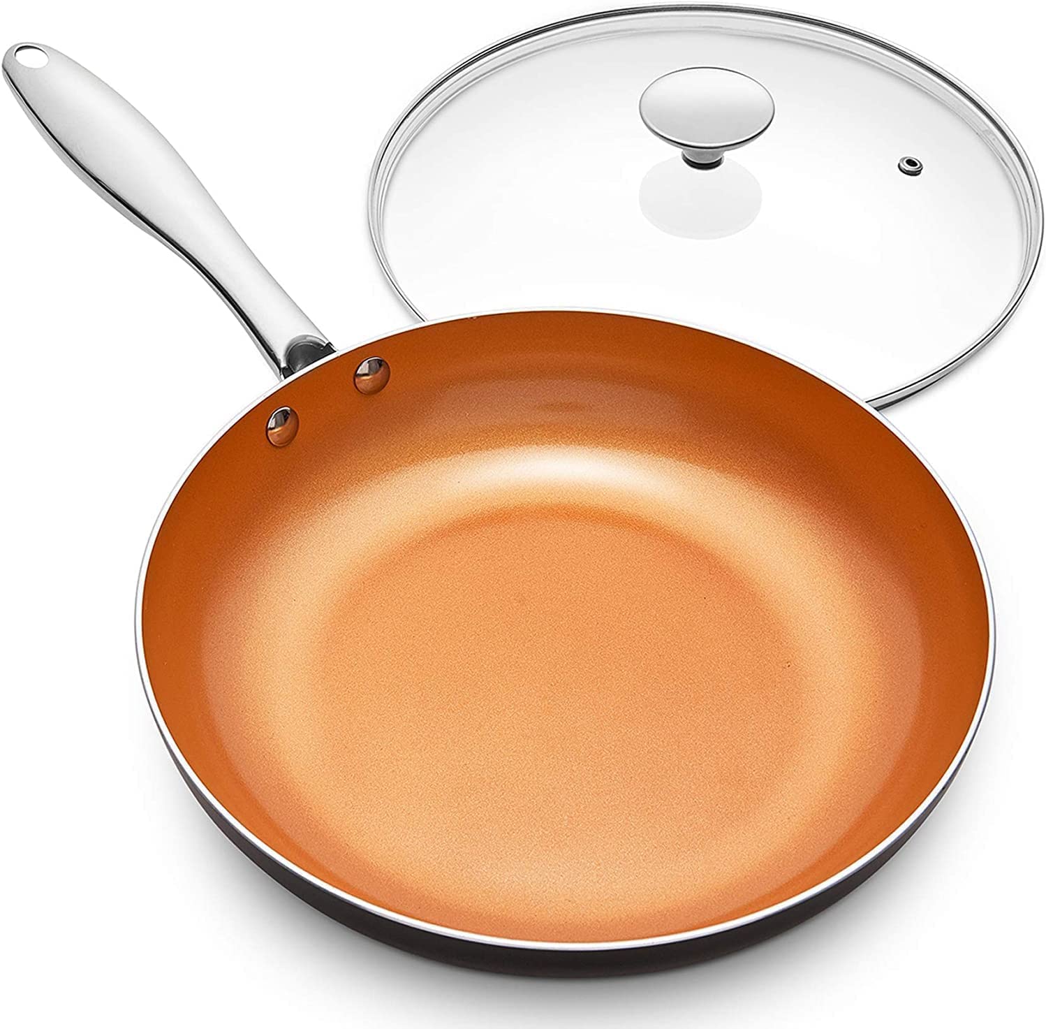 MICHELANGELO 12 Inch Nonstick Copper Frying Pan with Lid - Ceramic Coated Skillet, Induction Compatible Cookware for Sauteing, Frying & Cooking - Perfect for Home Kitchen & Professional Use