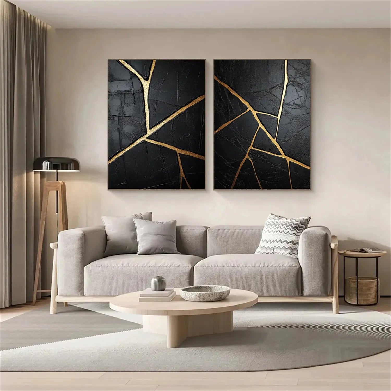 Black Gold Minimalist Textured Wall Art - Set of 2 Modern Abstract Paintings #MZ135 for Living Room, Bedroom & Office Decor