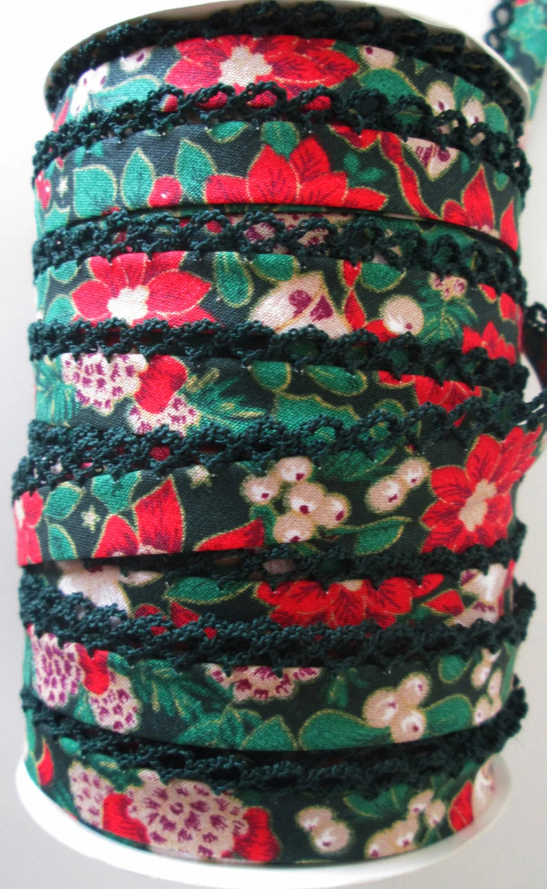 Christmas Floral Dark Green Double Fold Croquet Edge Lace Bias Tape - 1 Yard for DIY Sewing, Quilting, Dressmaking & Holiday Decorations