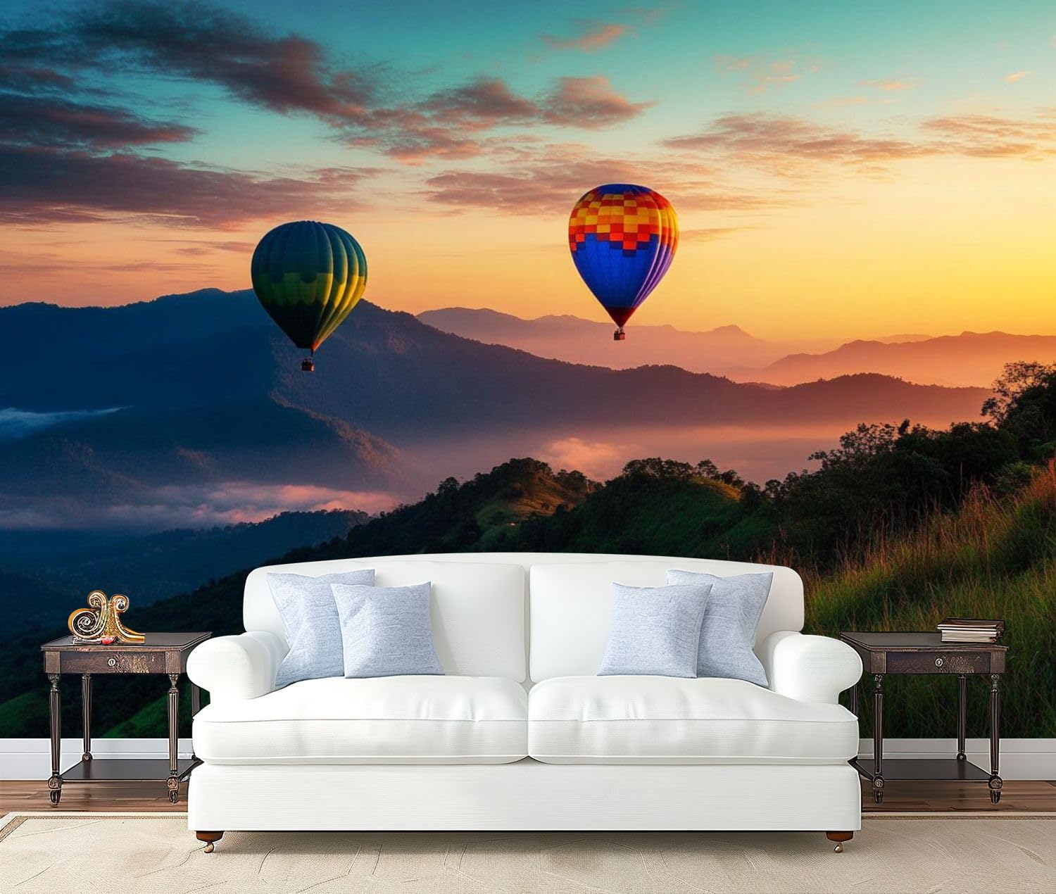 Removable 3D Wall Mural - Self-Adhesive Peel & Stick Landscape Wallpaper with Mountains, Hot Air Balloons & Sunrise - Large Contact Paper for Living Room, Bedroom, Nursery & Furniture Decoration | Perfect for Home Office, Dorm Room & Rental Spaces