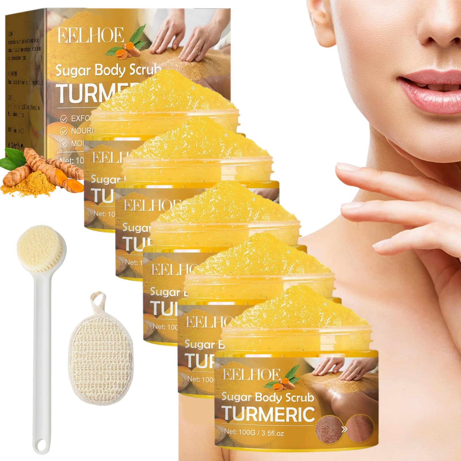 **100% Natural Turmeric Brightening Scrub for Face & Body – Revitalizing & Cleansing with Brush & Bath Tablets – Exfoliating Skin Care for Face, Legs, Hands & Back (Yellow, 5pc) – Perfect for Spa Day & Glowing Skin Routine**