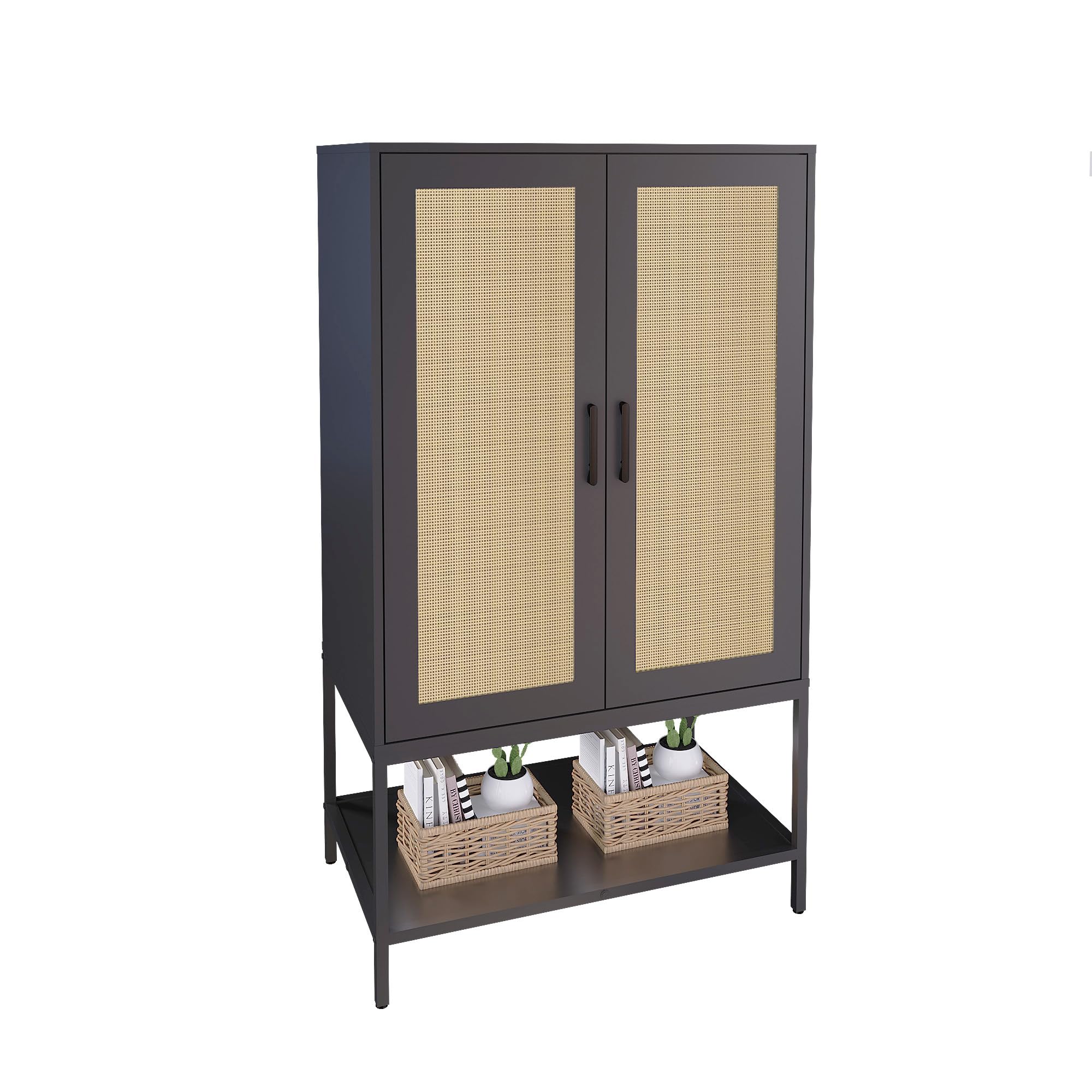 2-Door Rattan Wardrobe Closet with Hanging Rod & Shelves - Freestanding Wooden Armoire for Bedroom Storage & Organization | Perfect for Small Spaces, Apartments & Dorm Rooms (Black)