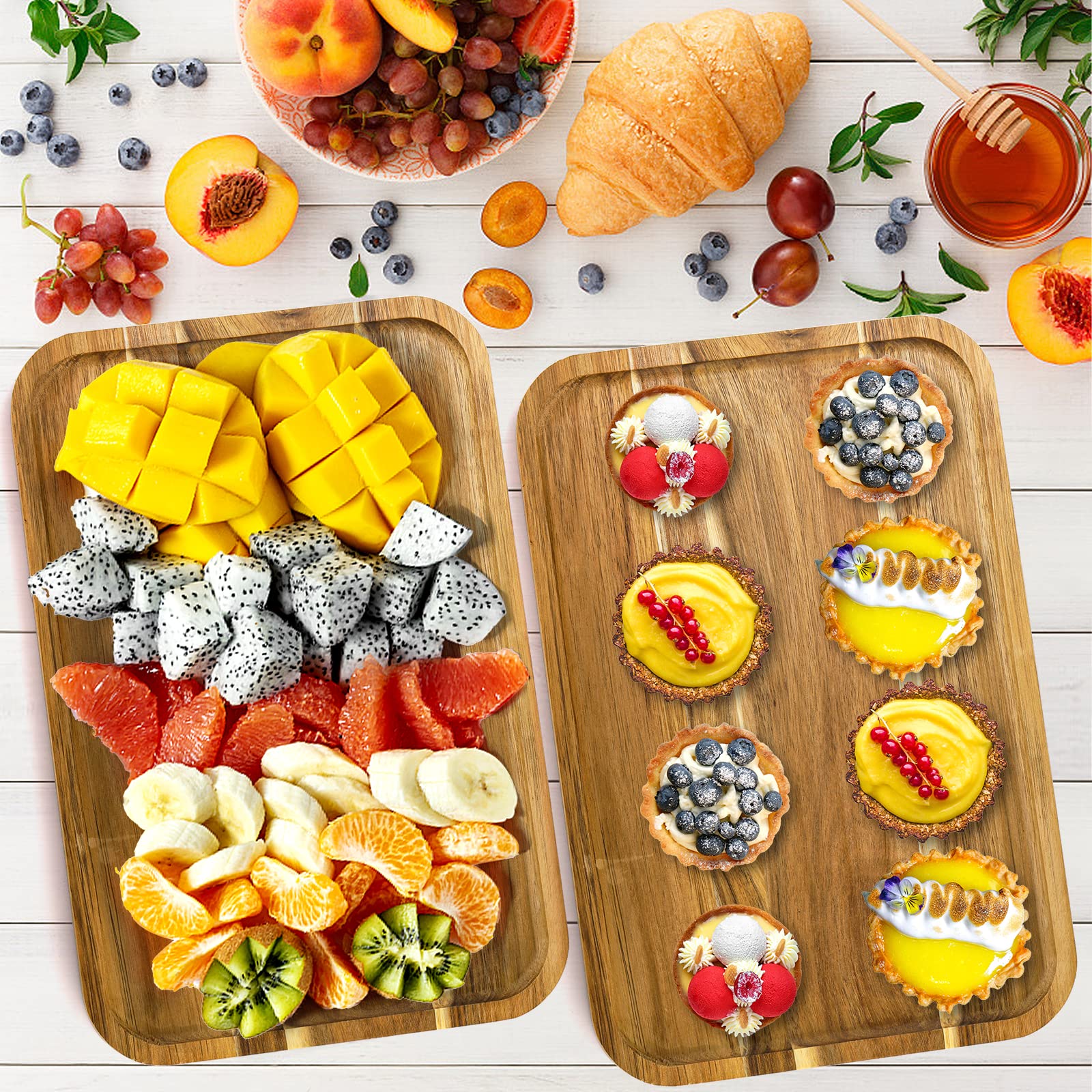 YOUEON Set of 2 Acacia Wood Serving Trays with Raised Edge - 14.2 x 9.5 Inch Rectangular Wooden Plates for Appetizers, Cheese, Sandwiches, Desserts, Coffee, Fruits & Cookies - Perfect for Entertaining, Kitchen Serving, Party Snacks & Coffee Table Decor