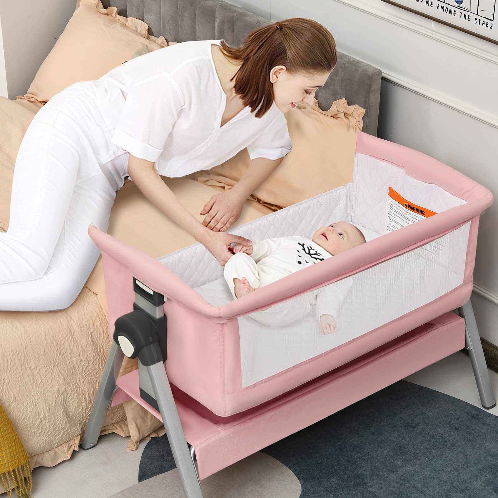 INFANS Baby Bassinet Bedside Crib - Portable Newborn Sleeper with Large Storage Basket, Adjustable Height & Breathable Mesh - Detachable Washable Mattress & Safety Straps - Perfect for Nursery, Bedroom & Travel (Pink)