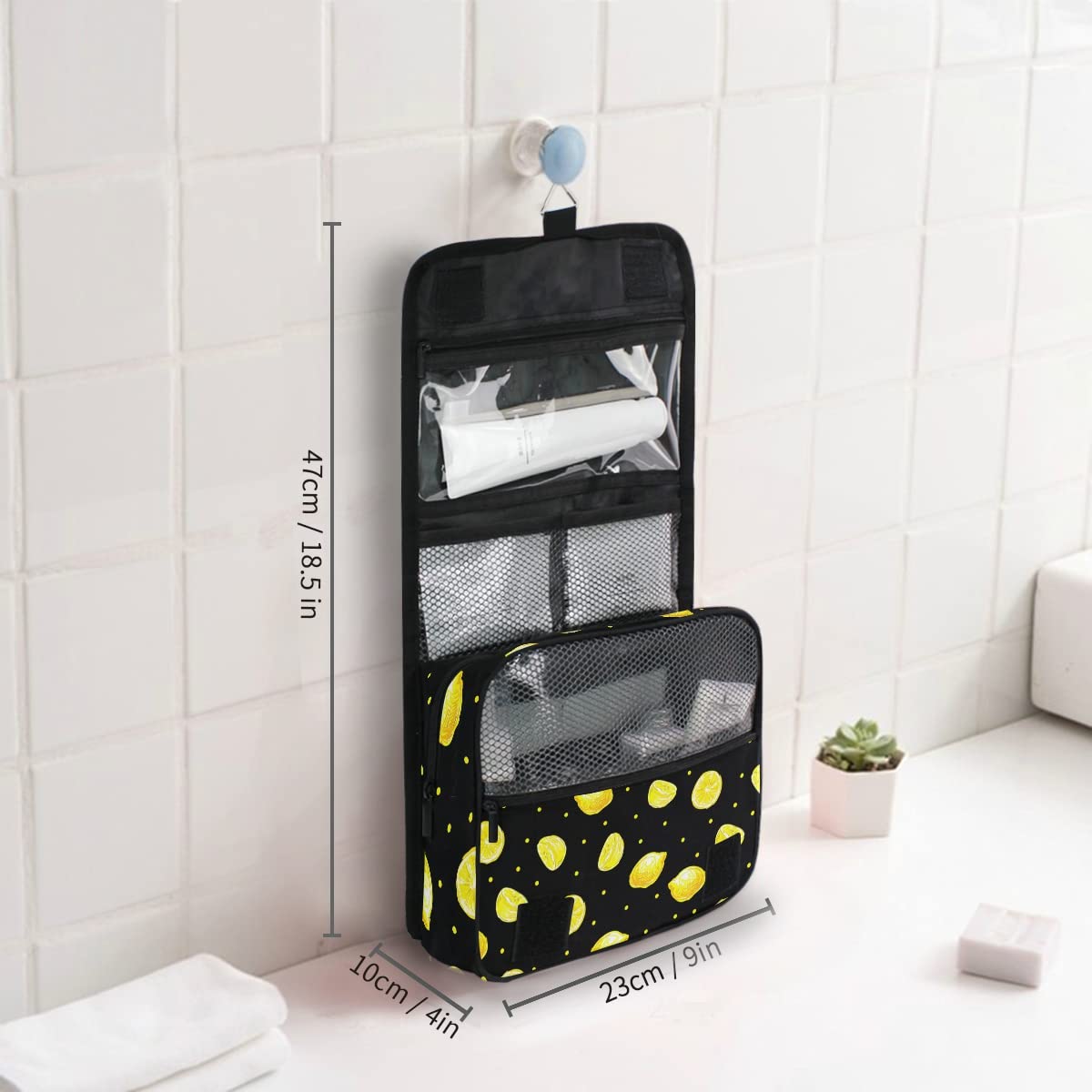 Senya Hanging Travel Toiletry Bag Kit - Waterproof Cosmetic Organizer for Men & Women (Yellow Lemons) - Perfect for Camping, Gym, Business Trips & Vacation Essentials