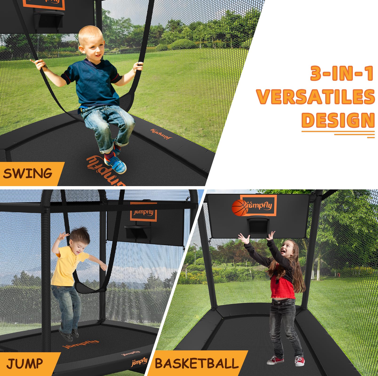 JumpFly 6FT Kids Trampoline with Swing & Basketball Hoop - ASTM Approved Mini Trampoline for Toddlers Age 3+ | Indoor/Outdoor Rectangle Trampoline with Safety Enclosure | Perfect for Backyard Play, Exercise & Birthday Gifts