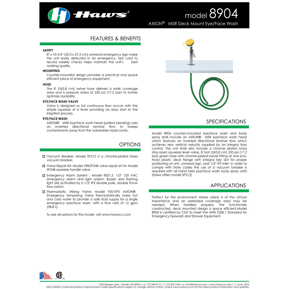 Haws 8904 AXION MSR Counter Mount Eyewash Station with Drench Hose - Emergency Eye Wash Solution for Laboratories, Workshops & Industrial Safety Use