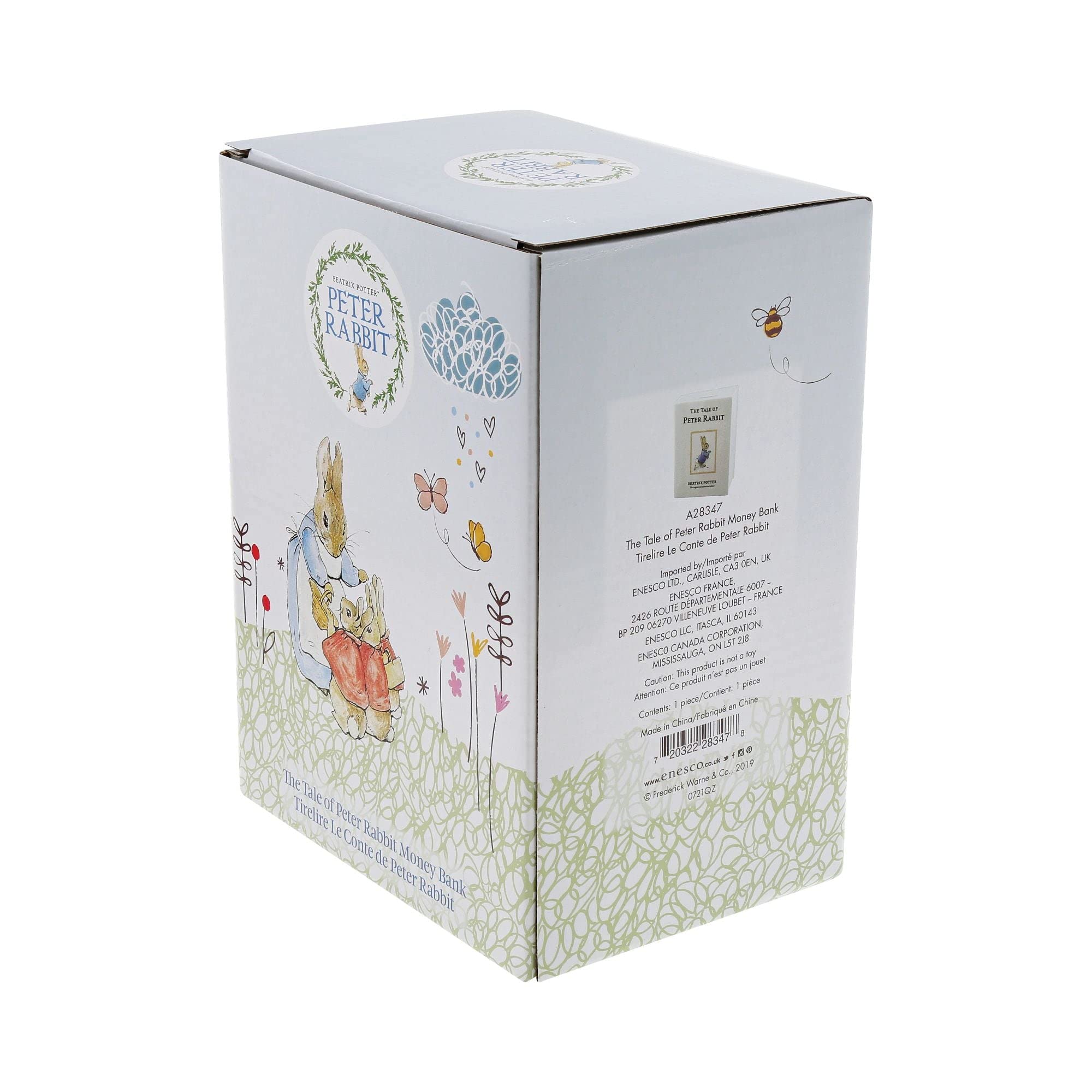 Enesco Beatrix Potter The Tale of Peter Rabbit Book Cover Baby Nursery Coin Bank - 5.71 Inch White Ceramic Piggy Bank for Kids Room Decor, Baby Shower Gift & Money Saving