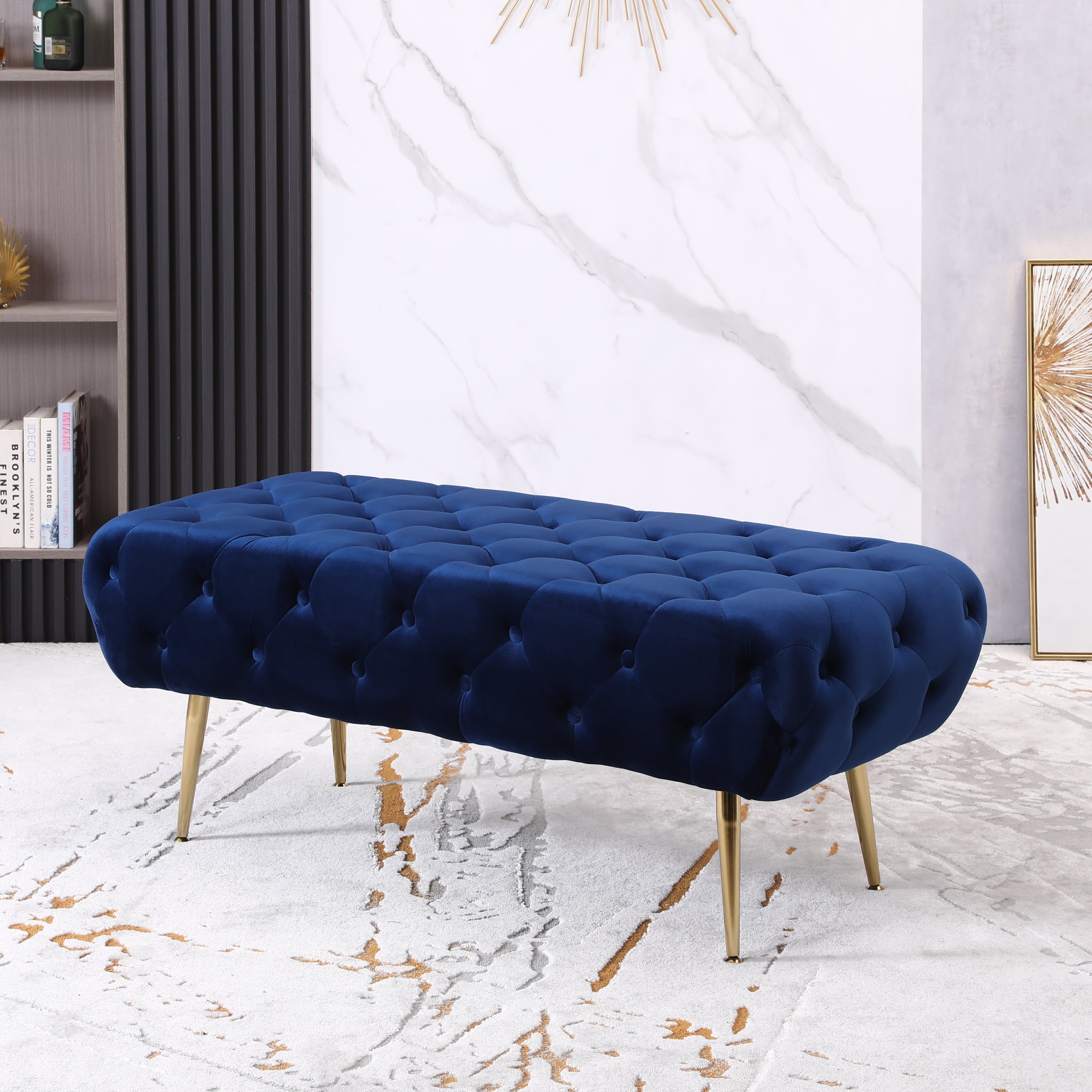 Roundhill Furniture Sira Velvet Button Tufted Bench with Gold Metal Legs - Luxurious Blue Upholstered Seat for Bedroom, Living Room & Entryway Decor