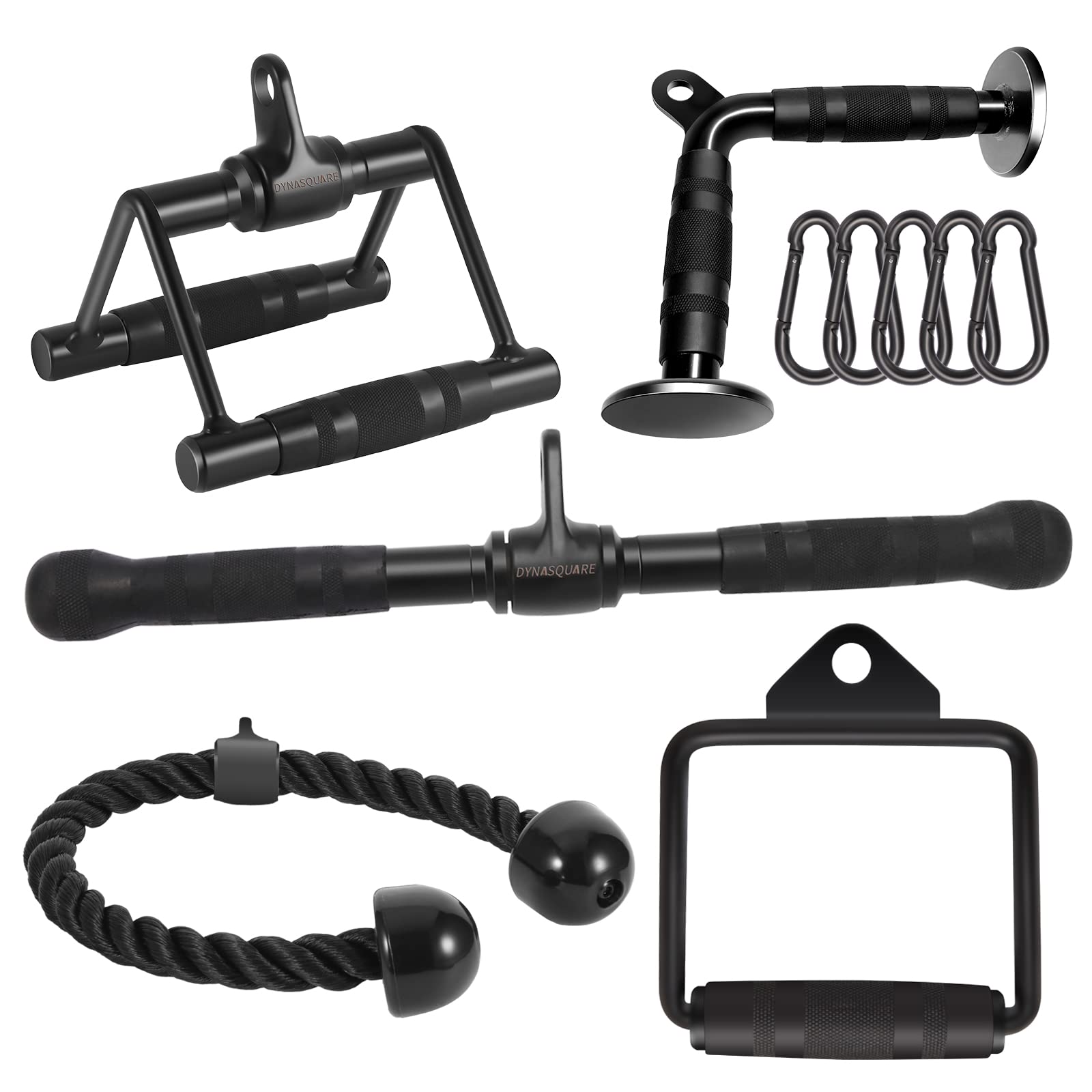 DYNASQUARE Home Gym Cable Attachments Set - LAT Pulldown Bar, V-Shaped Press Down Bar, Tricep Rope, Double D Handle for Strength Training & Weight Machine Accessories | Perfect for Home Workouts, Gym Equipment Upgrades & Full-Body Exercises
