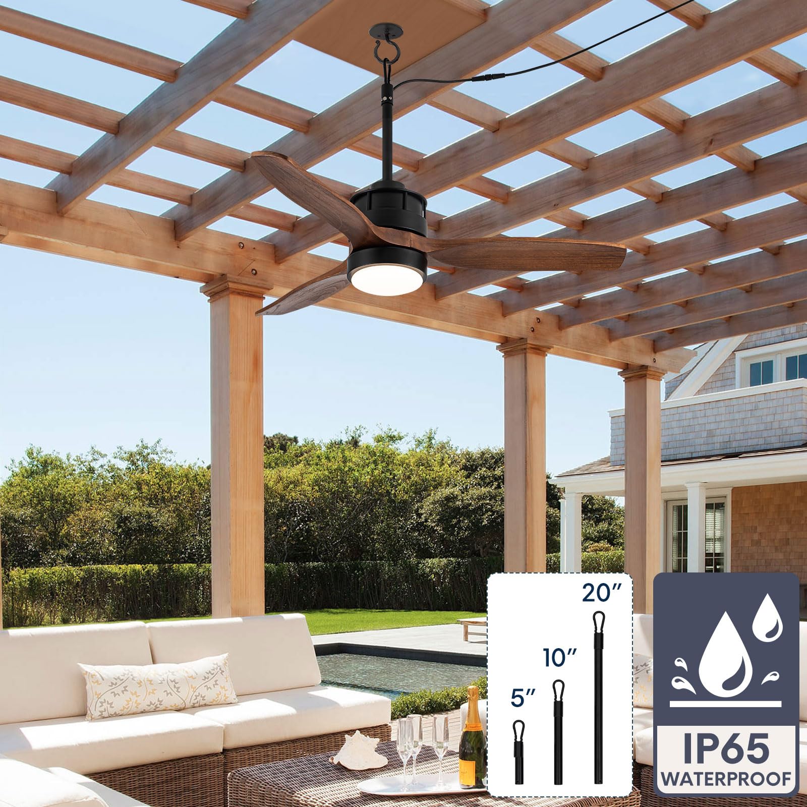 32 Inch Outdoor Ceiling Fan with Light - Waterproof Wet Rated for Gazebo, Patio, Deck - DC Motor & 3 Reversible Walnut Wood Blades - Perfect for Covered Porches, Sunrooms & Pool Areas