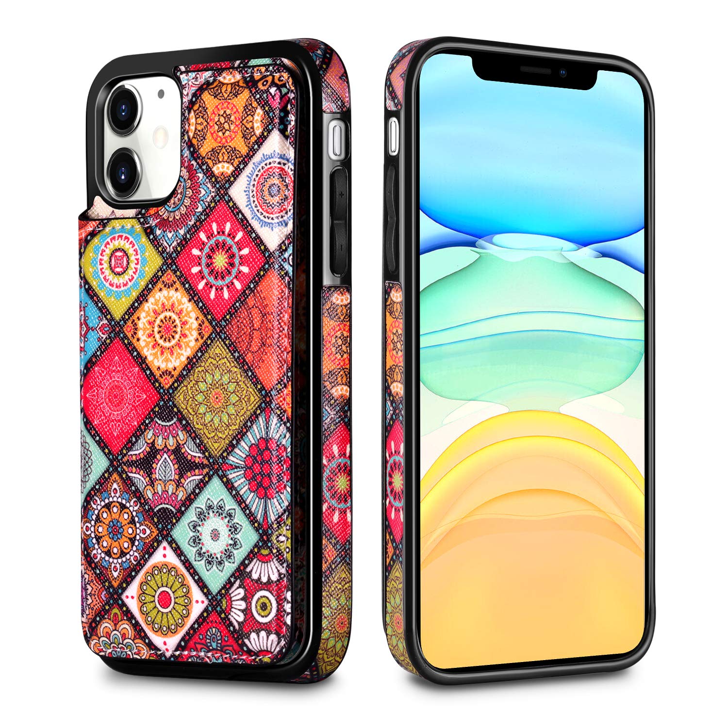HianDier Slim PU Leather Wallet Case for iPhone 11 (2019) - Magnetic Flip Folio Cover with Credit Card Slots & Protective Shell | Mandala Colorful Design | Perfect for Everyday Use, Travel & Business