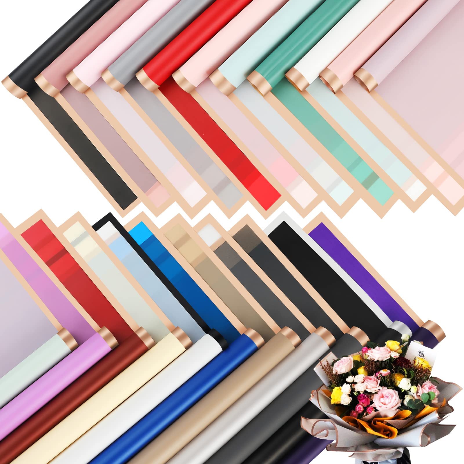 220 Sheets Bouquet Wrapping Paper - Waterproof Floral Gift Wrap with Gold Edges, 22 Colors for Flower Arrangements & Gift Packaging - Perfect for Weddings, Birthdays & DIY Crafts