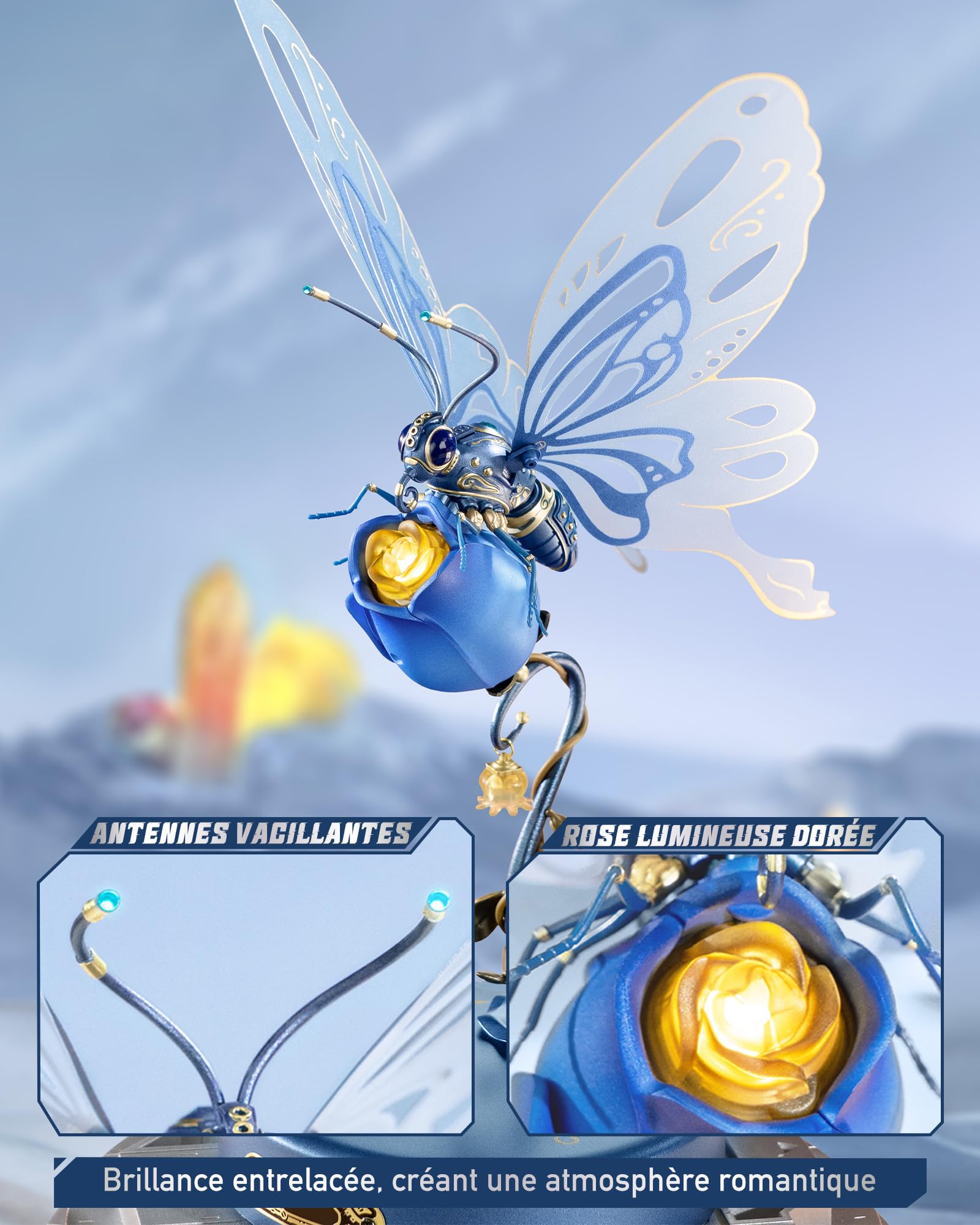 ROBOTIME 3D Metal Mechanical Puzzle Kit - DIY Butterfly Model with LED Lights for Adults & Teens | Unique Home Decor, Birthday Gift | Easy Assembly STEM Building Toy (Blue) - Perfect for Office Desk Display, Night Light, and STEM Education Projects
