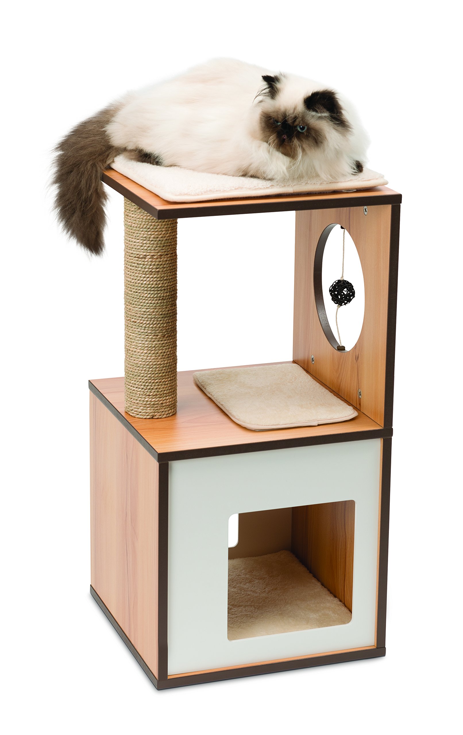 Premium Walnut Vesper Cat Tree & Scratching Post with Cozy Cat Box - Perfect for Small Spaces, Indoor Cat Play & Relaxation