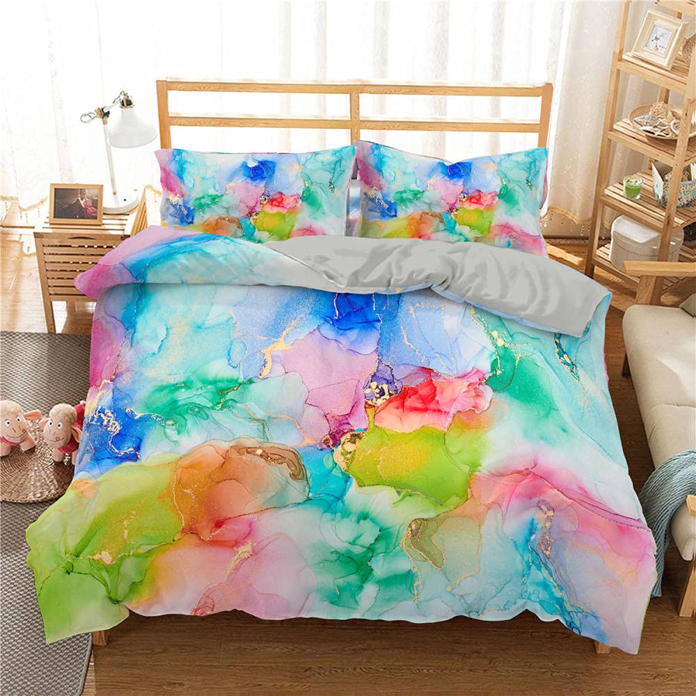 Rainbow Color Marble Bedding Set - Soft Duvet Cover & Pillowcase for Kids & Teens - Twin, Full, Queen, King Sizes (200x229cm, 3pcs) - Creative Bedroom Decor for Girls' Rooms & Dormitories