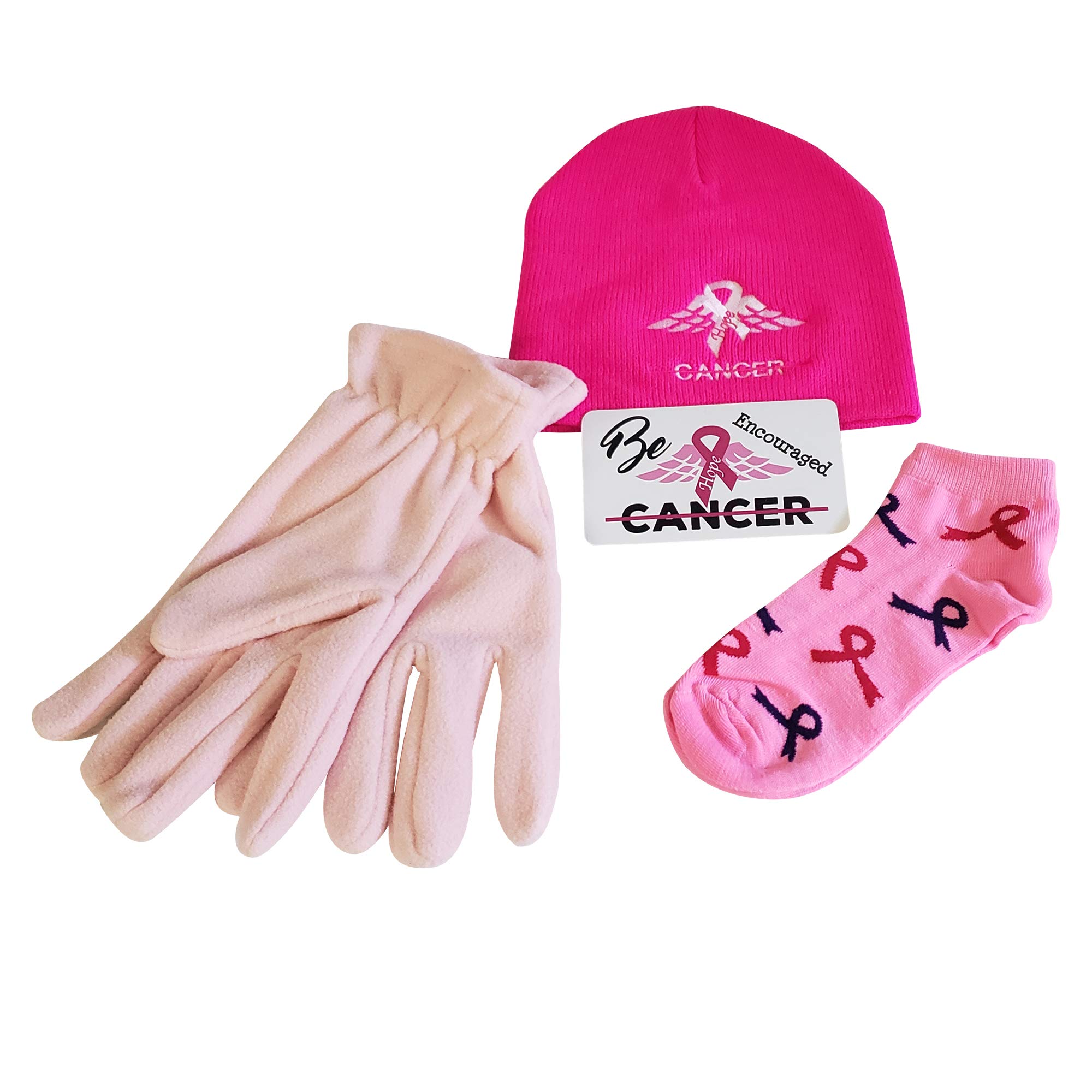 Breast Cancer Awareness Gift Set - Pink Beanie with Embroidered Angel, Fleece Gloves, Ribbon Socks & Bonus Magnet | Support Survivors & Raise Awareness | Perfect for Fundraisers, Survivor Gifts & Awareness Events